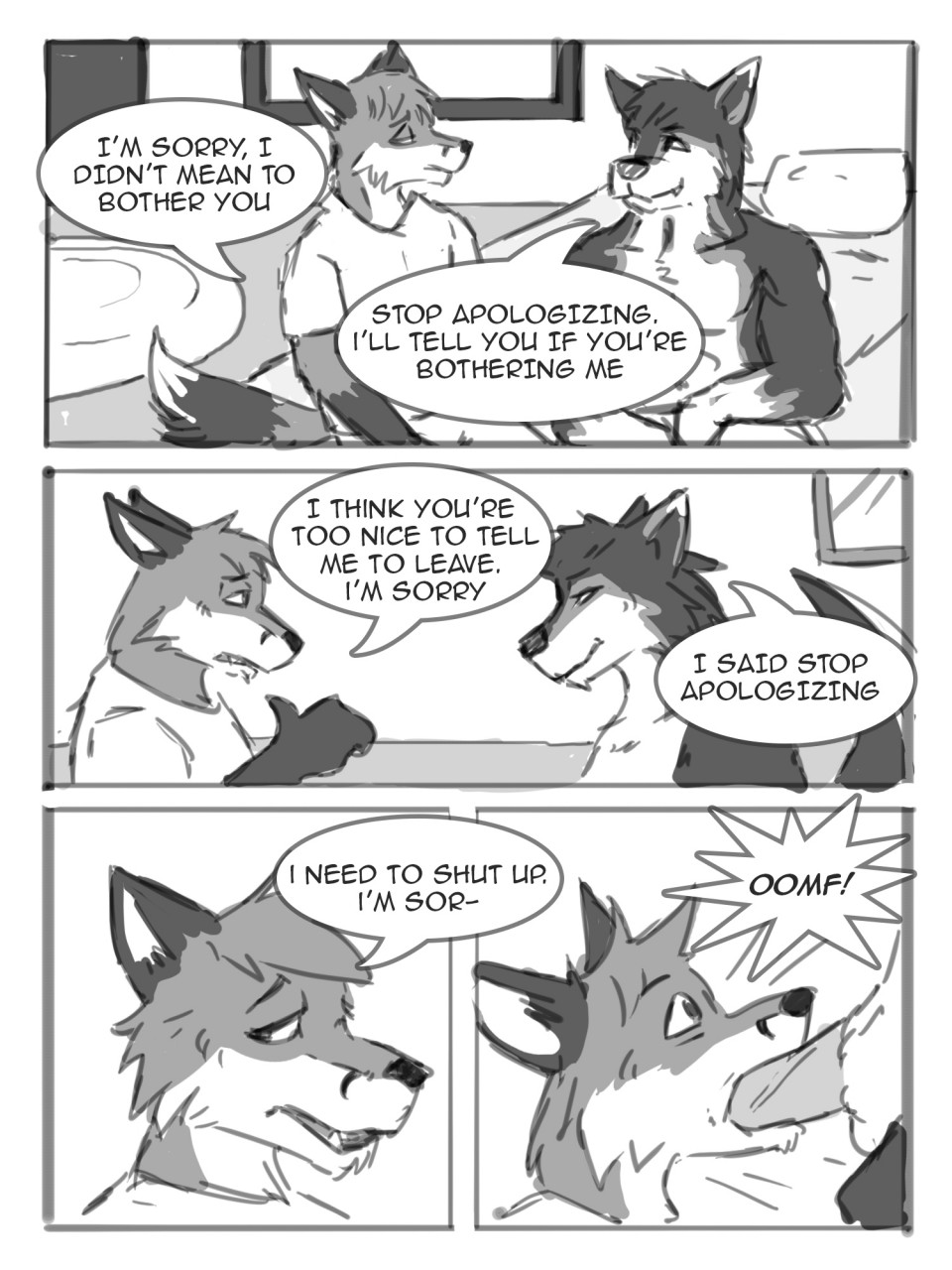 animal_genitalia animal_penis bucketz canine canine_penis clothed clothing comic dan_(character) dialogue english_text erection fox fur hair hi_res lagomorph male mammal nude open_mouth oral penetration penis scarredbeast sex smile speech_bubble teeth text werefox yaoi