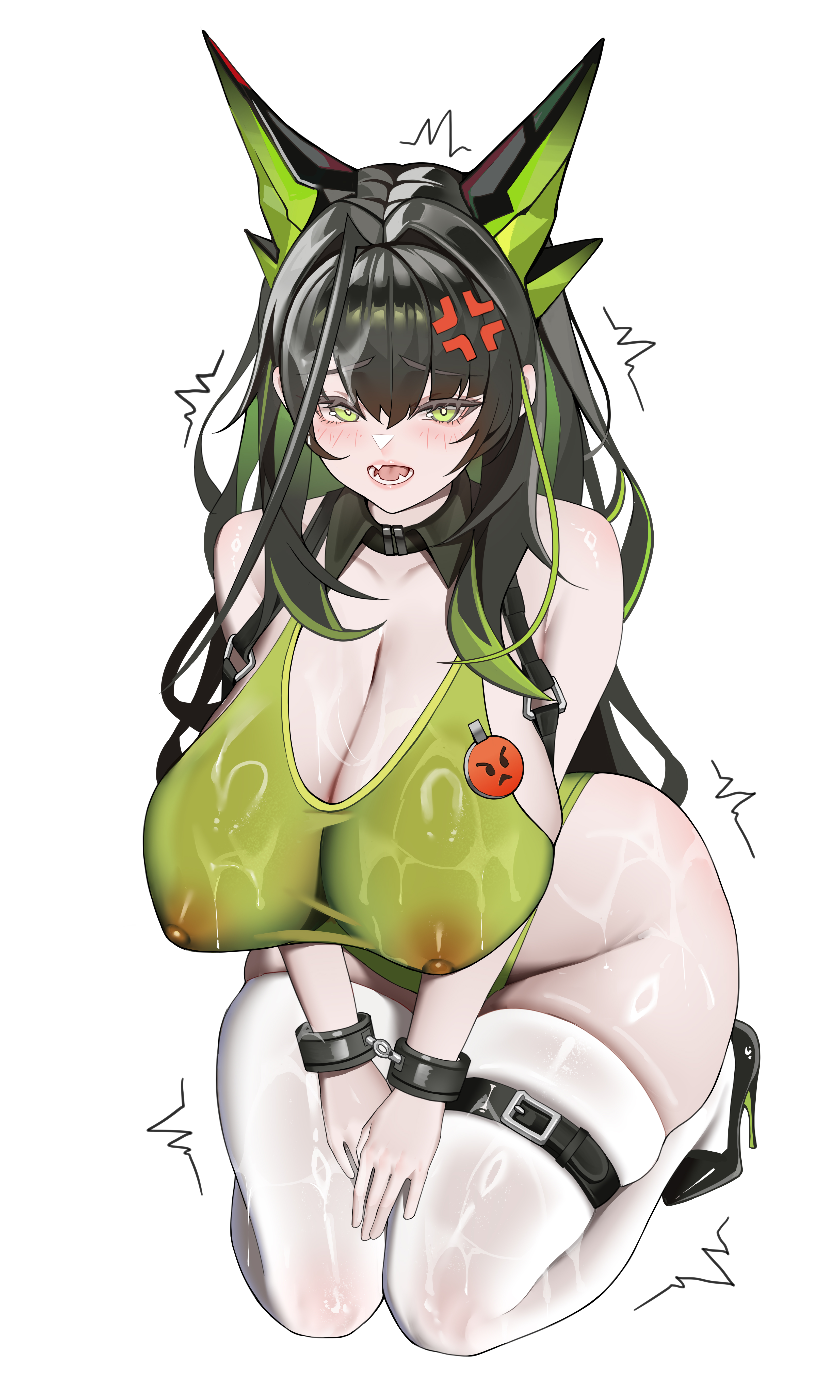 anger vein, angry, animal ears, arknights, bound, covered erect nipples, erect nipples, erect nipples under clothes, female, green eyes, handcuffs, heels, huge breasts, mon3tr (arknights), see-through clothing, thick thighs, thighs, trembling, yat (tsmn7245)