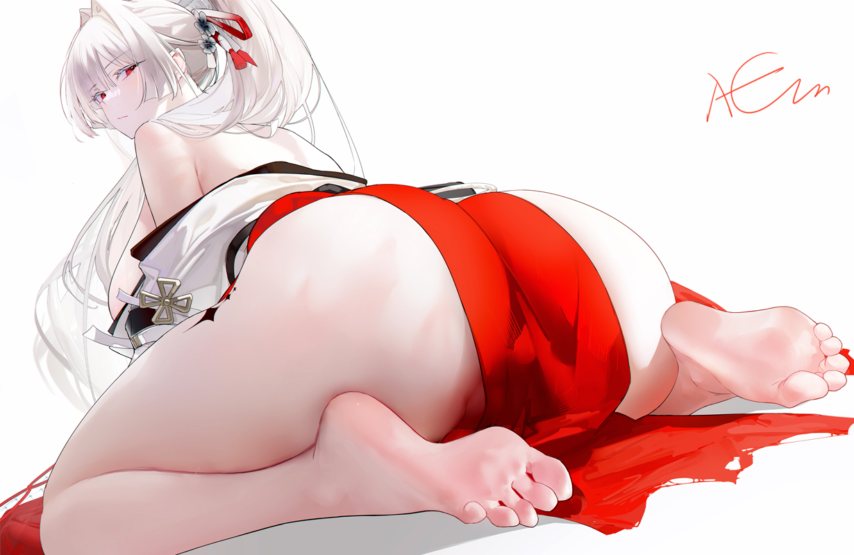 1girl, adapted costume, ass, barefoot, breasts, closed mouth, commentary, feet, from behind, hair intakes, hair ribbon, hiyuki (wuthering waves), huge breasts, long hair, looking at viewer, looking back, no panties, off shoulder, omone hokoma agm, partially visible vulva, ponytail, red eyes, red ribbon, ribbon, seiza, signature, sitting, soles, solo, tacet mark (wuthering waves), thighs, toes, white hair, wuthering waves