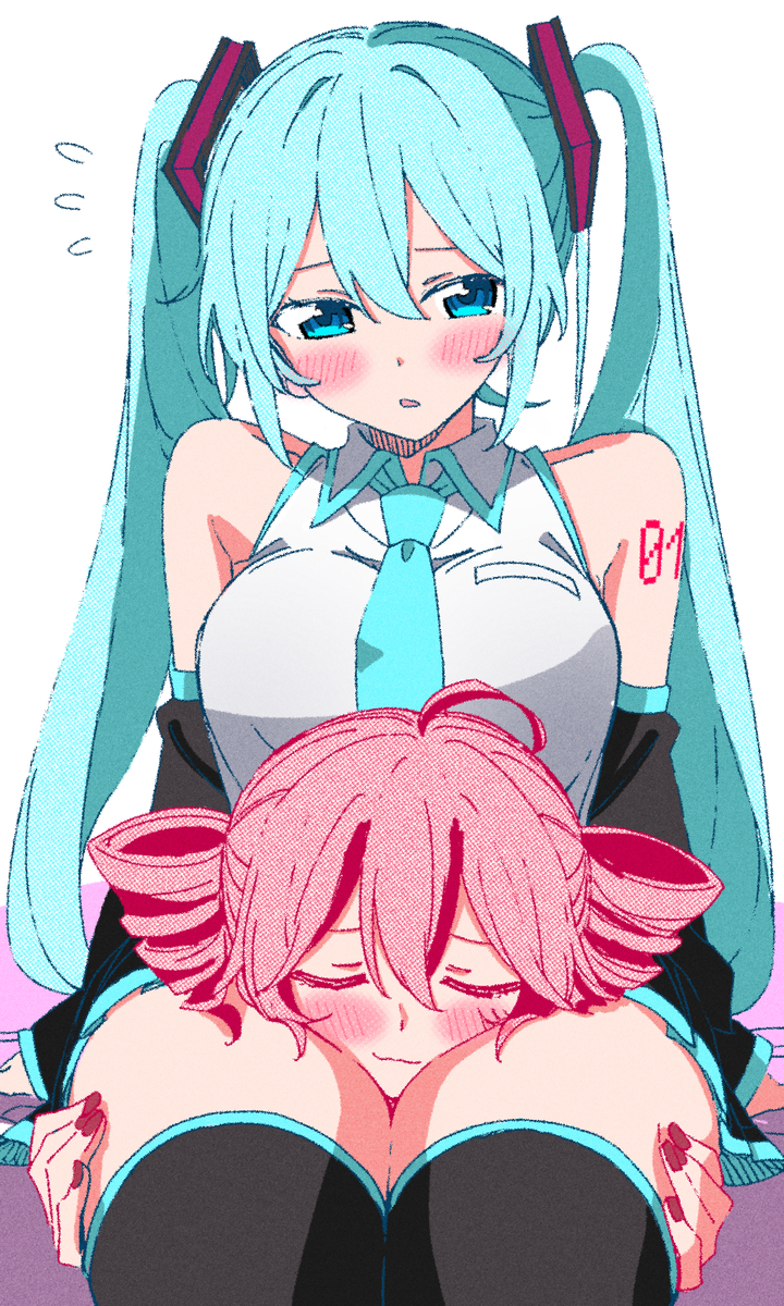 :3, 2girls, ahoge, aqua eyes, aqua hair, aqua necktie, bare shoulders, black skirt, black sleeves, blue eyes, blue necktie, blush, breasts, closed eyes, detached sleeves, drill hair, flying sweatdrops, grey shirt, hair ornament, hatsune miku, head between thighs, kasane teto, lap pillow, large breasts, long hair, miniskirt, multiple girls, nail polish, necktie, pink hair, pleated skirt, red hair, shirt, shoulder tattoo, sitting, skirt, sleeveless, sleeveless shirt, smile, spynai, tattoo, thighhighs, twin drills, twintails, very long hair, vocaloid, white shirt, yuri, zettai ryouiki