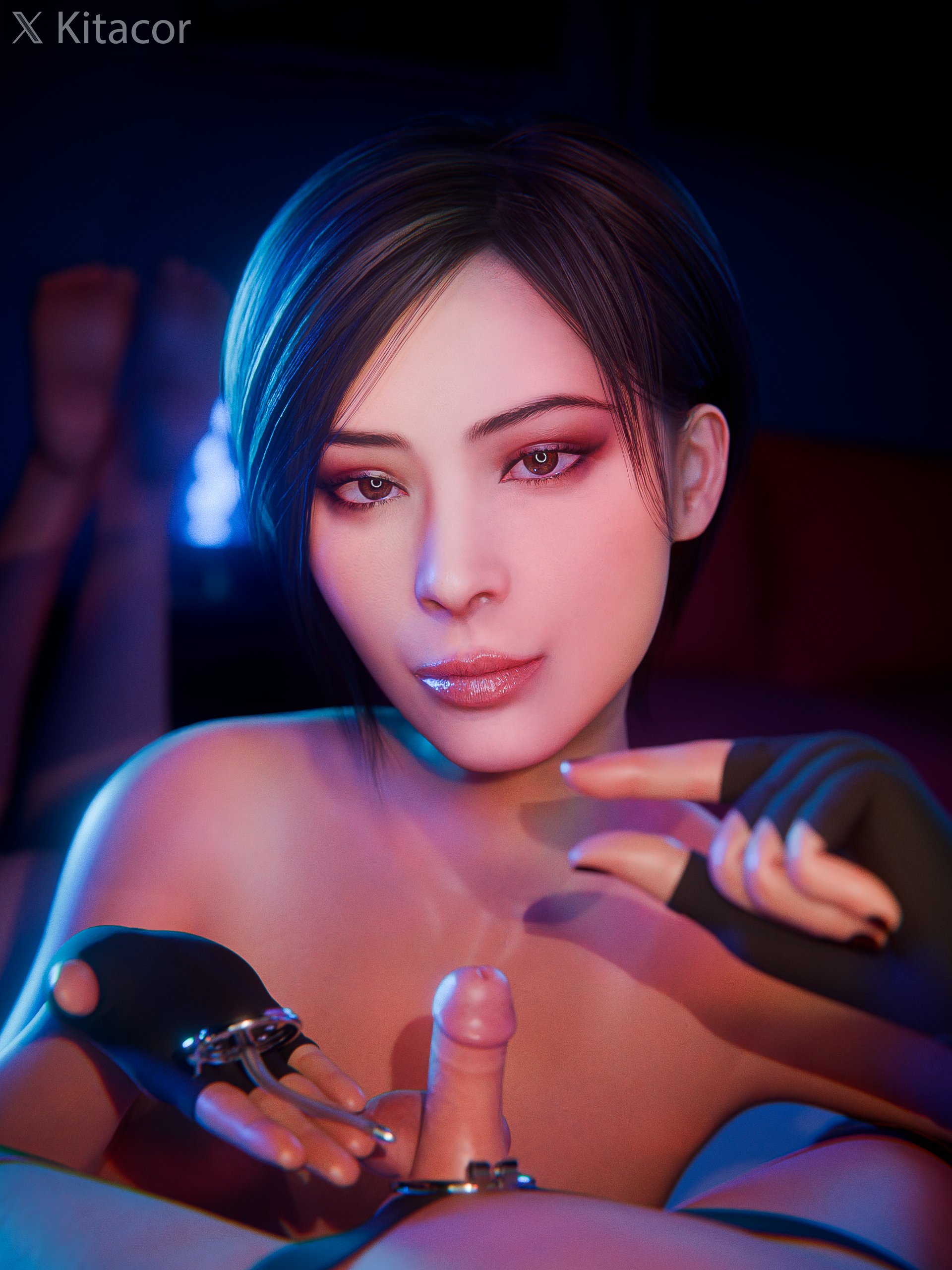 1boy, 1girls, ada wong, barefoot, catheter, chastity cage, chastity device, feet, female, female focus, femdom, fingerless gloves, flat chastity cage, imminent chastity, kitacor, looking at viewer, male, nude, on stomach, penis, pinching gesture, pov, presenting chastity cage, resident evil, small penis, small penis gesture, small penis humiliation, soles, tagme, the pose