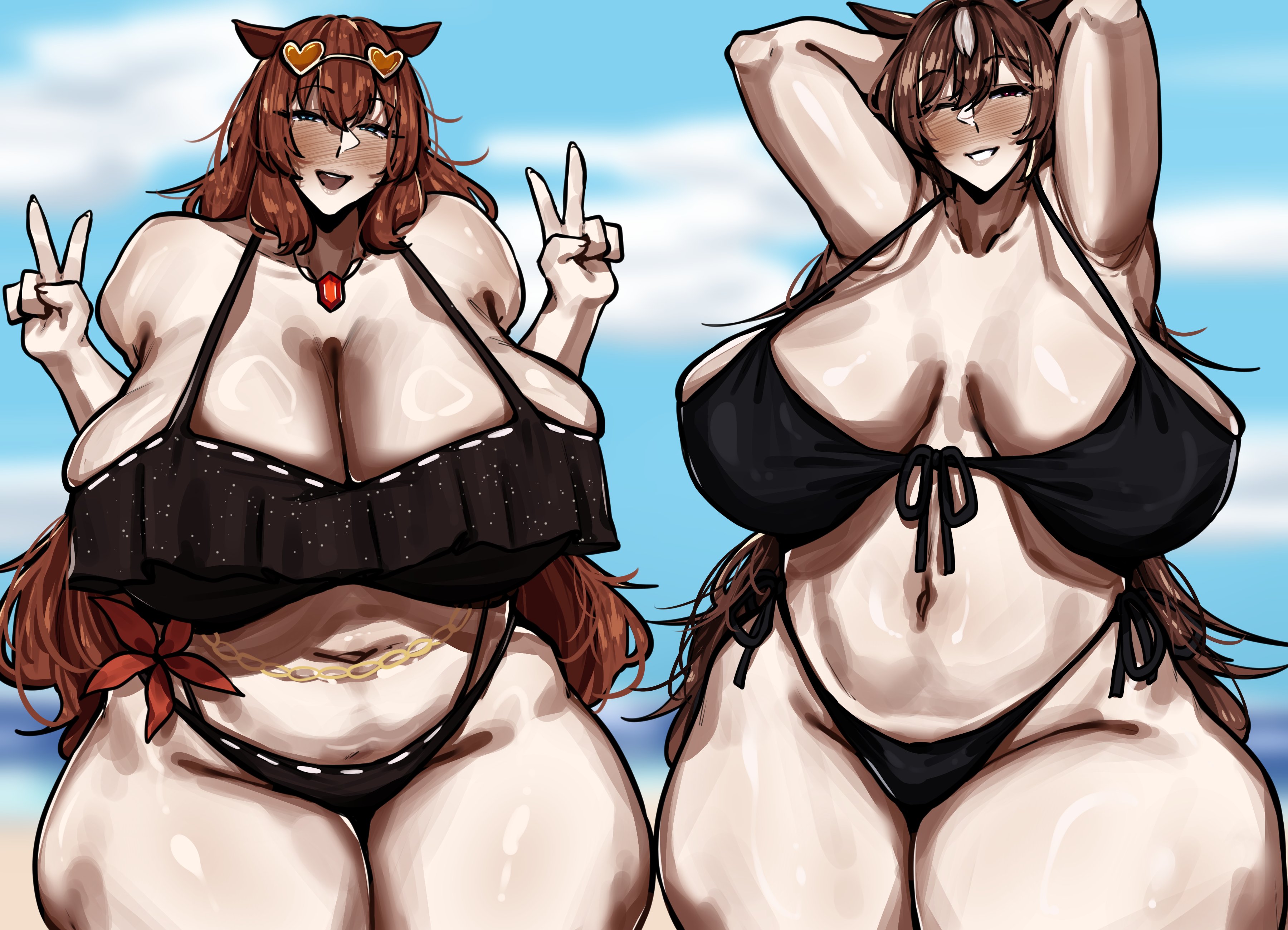 2girls, beach, cleavage, commission, commissioner upload, huge breasts, long hair, maruzensky (hot summer night) (umamusume), maruzensky (umamusume), omikami, peace sign, sagging breasts, sirius symboli (umamusume), smiling, tagme