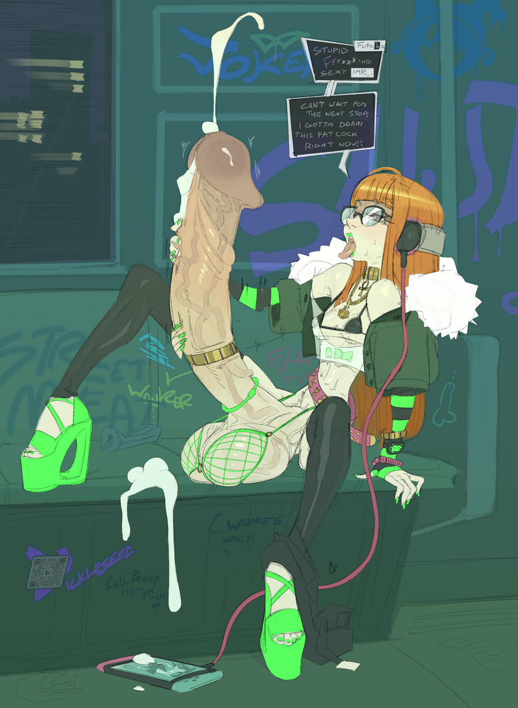 1futa, ball bra, balls, bra, clothed, clothing, cock ring, cum, english text, futa only, futanari, headphones, high heels, huge cock, ickleseed, lipstick, massive penis, masturbating, masturbation, mostly nude, orange hair, penis, penis bigger than body, persona, persona 5, public, public masturbation, sakura futaba, skimpy, skimpy clothes, solo, stripper heels, text, thin waist, tounge out, train
