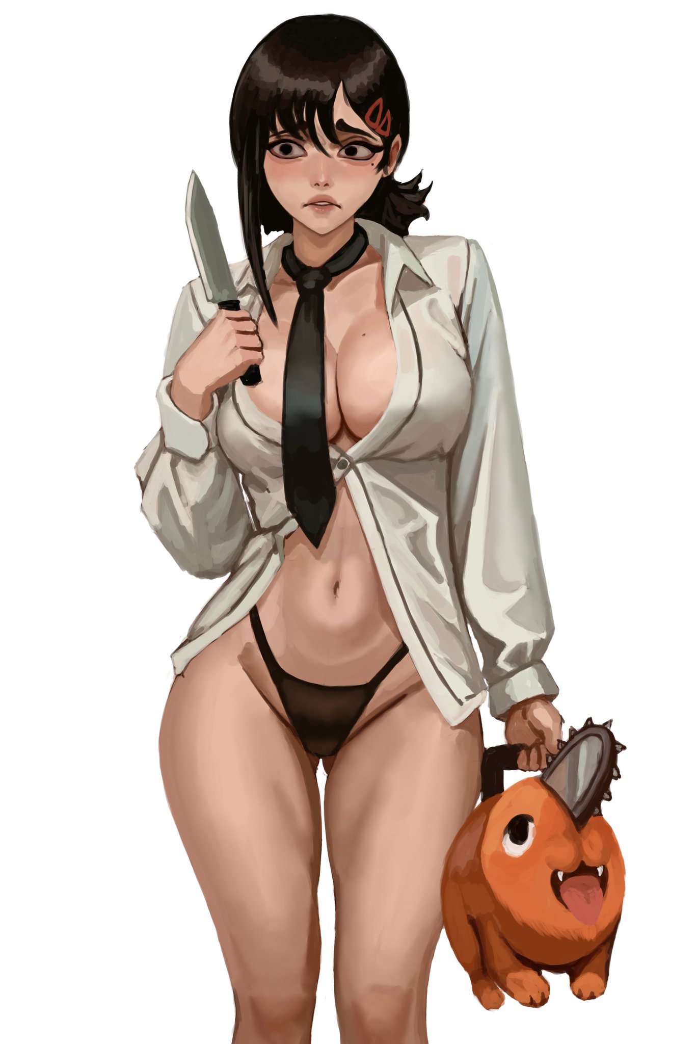 1girls, akinoshi, belly button, big breasts, breasts, busty, busty female, chainsaw man, cleavage, female, female focus, female only, higashiyama kobeni, knife, kobeni higashiyama, light-skinned female, navel, open shirt, pochita (chainsaw man), scared, scared expression, shirt, solo, solo focus, thighs, thong, tie, wide hips