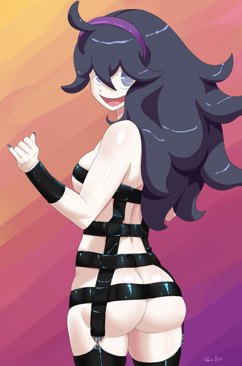 @ @, ahoge, ass, black hair, black legwear, black nails, bondage outfit, breasts, female, female only, gradient, gradient background, grillo, hairband, hex maniac, hex maniac (pokemon xy), human female, human only, long hair, looking at viewer, nail polish, nintendo, npc trainer, open mouth, pinky out, pointy chin, pokemon, pokemon xy, purple eyes, sideboob, smile, thighhighs, vambraces