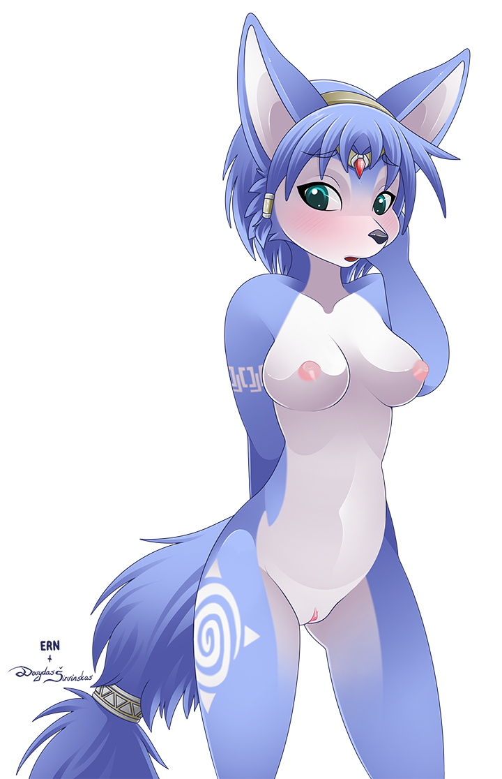 2016 alpha_channel anthro areola b-ern black_nose blue_fur blue_hair blush breasts canine clitoris female female_only fox fur furry jewelry krystal large_breasts looking_at_viewer mammal mancoin navel nintendo nipples nude pussy simple_background solo star_fox transparent_background white_fur