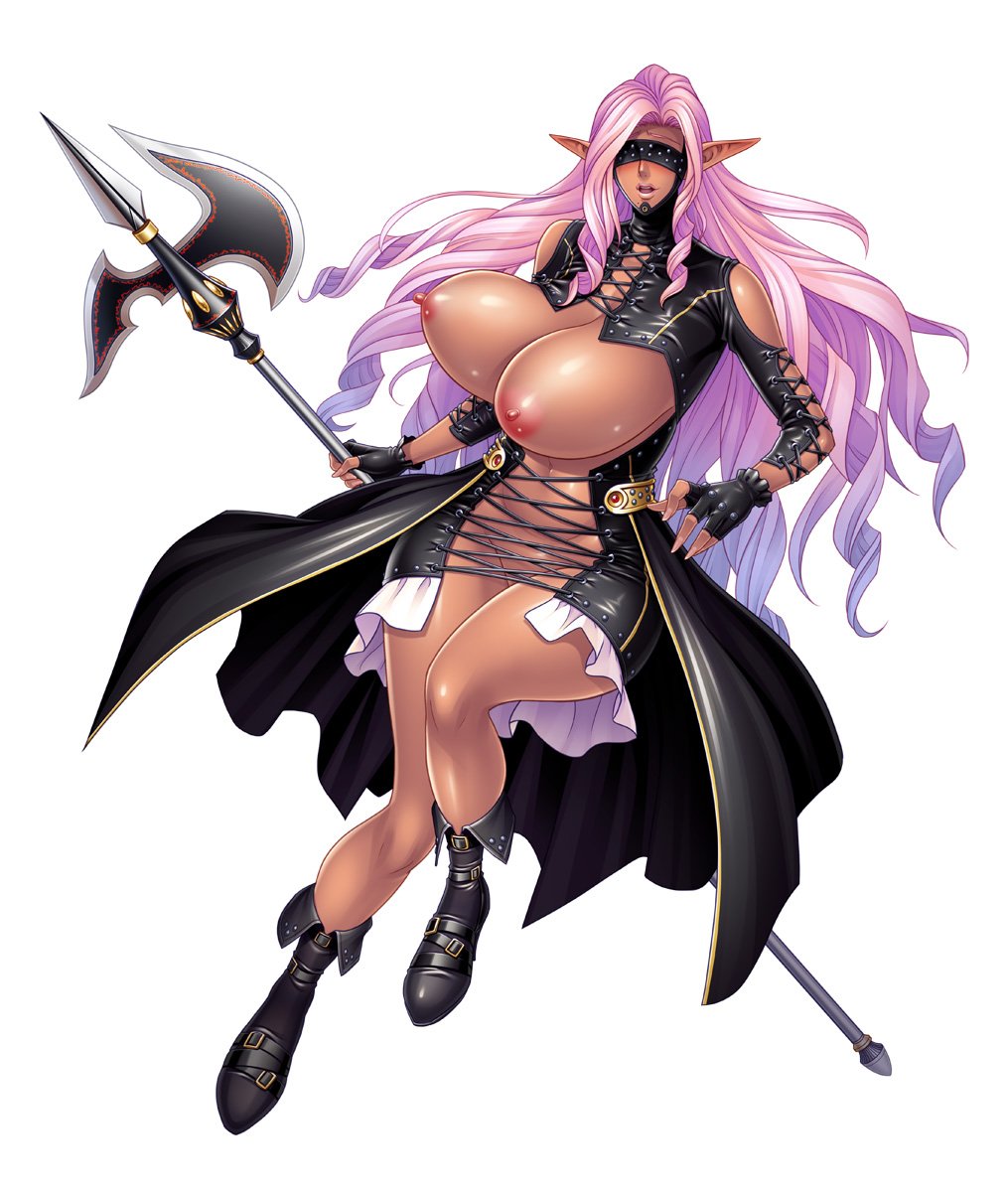 00s 1girls areolae blindfold blush bouncing_breasts breasts breasts_out covered_eyes dark-skinned_female dark_skin female female_focus full_body highres huge_breasts judith_(taimanin_asagi) lilith-soft long_hair nipples no_bra open_mouth pink_hair pointy_ears shiny_skin solo taimanin_(series) taimanin_asagi taimanin_asagi_battle_arena taimanin_asagi_kessen_arena tatsunami_youtoku weapon