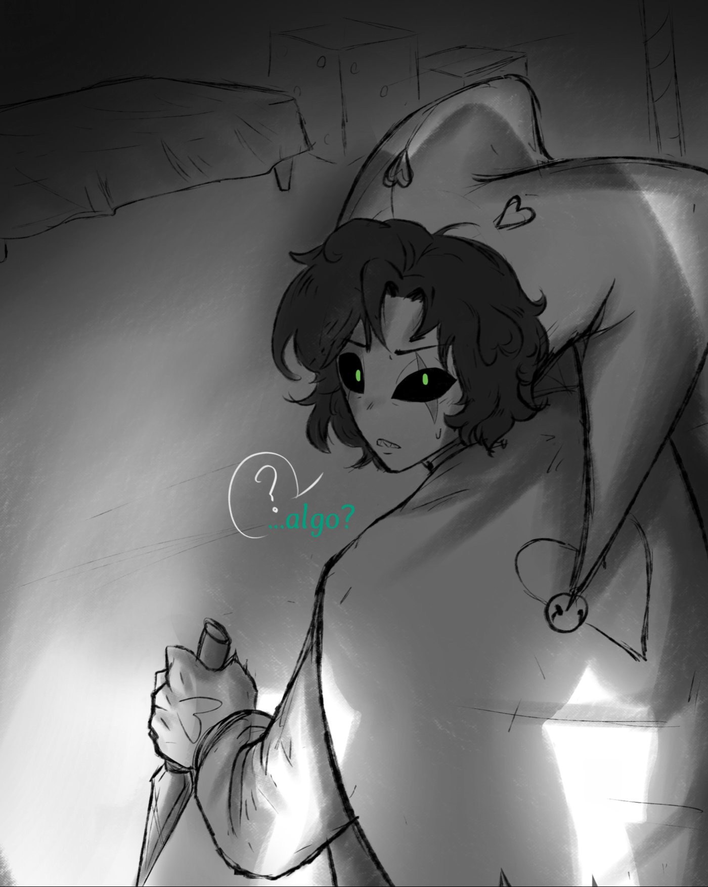 ?, ..., 1boy, 1boys, 1male, 1males, 1man, 1men, 2boy, 2boys, 2d, 2d (artwork), 2d artwork, 2male, 2males, 2man, 2men, bells, black hair, black sclera, colorless, comic, comic page, confused, confused expression, confused face, confused look, fully clothed, fully clothed male, fully dressed, gay, gay male, grayscale, green eyes, greyscale, hamk kom, harlequin (the freak circus), heart, heart symbol, hearts, holding, holding object, homo, homoerotic, homosexual, homosexual male, humanoid, implied rape, implied sex, jester cap, jester costume, jester hat, jester outfit, knife, male, male only, male/male, minicomic, nervous, nervous expression, nervous face, nervous sweat, page 3, page number, pierrot (the freak circus), questionable consent, sexual harassment, shadow, sharp teeth, short hair, sitting, sitting down, sitting on floor, spanish, spanish commentary, spanish dialogue, spanish text, startled, sweatdrop, tagme, tfc, the freak circus, throwing knife, uncolored, wavy hair, wide eyed, wide eyes, yaoi