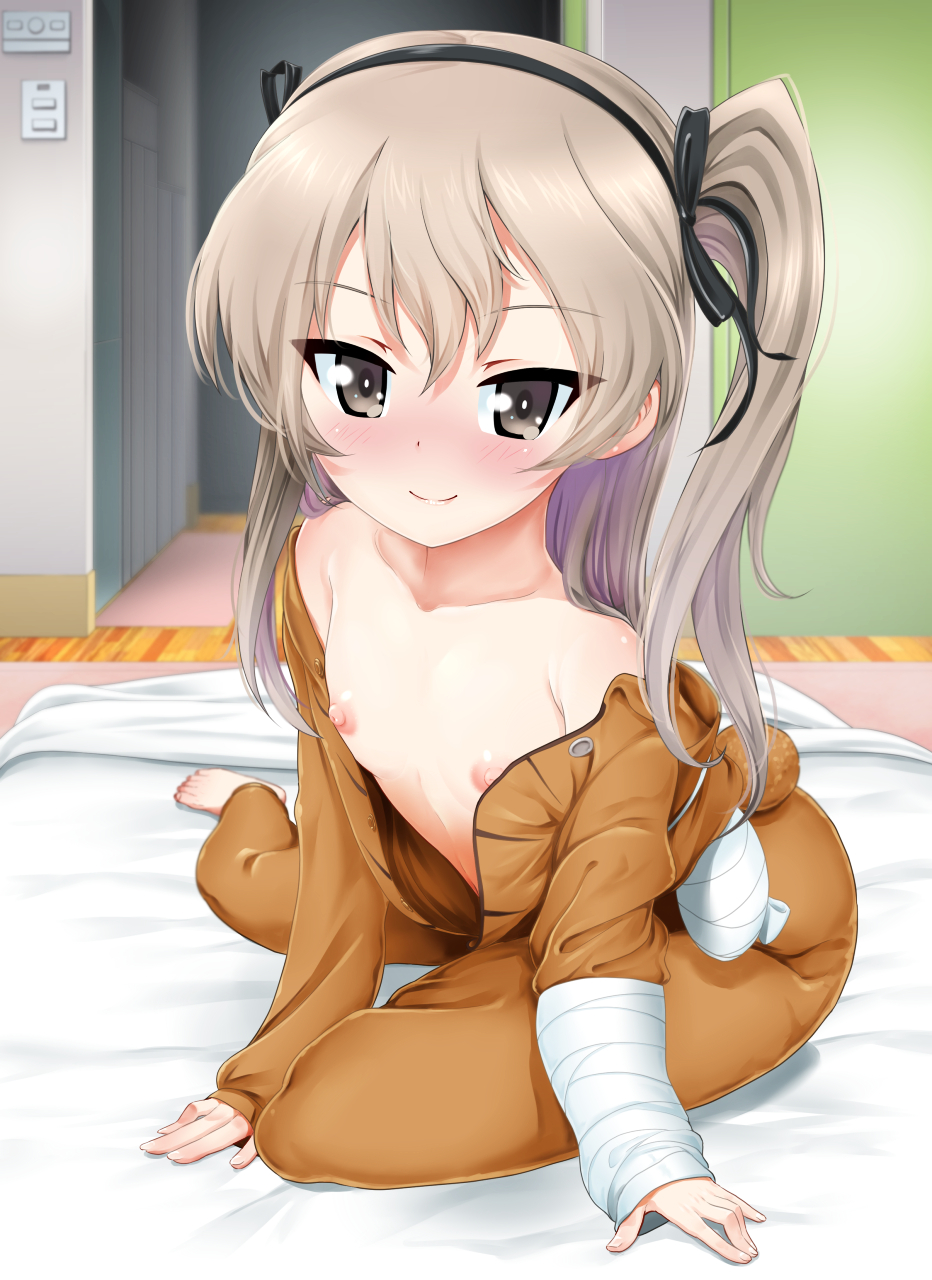 bed blush breasts female girls_und_panzer grey_eyes hair_ornament nipples pointy_chin ribbon shimada_arisu small_breasts smile solo white_hair