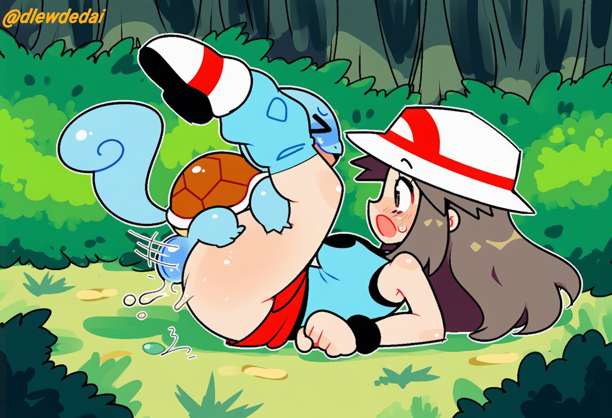 1boy, 1girls, ai assisted, ai generated, dlewdedai, leaf (pokemon), missionary position, pokemon, pokephilia, small dom big sub, squirtle