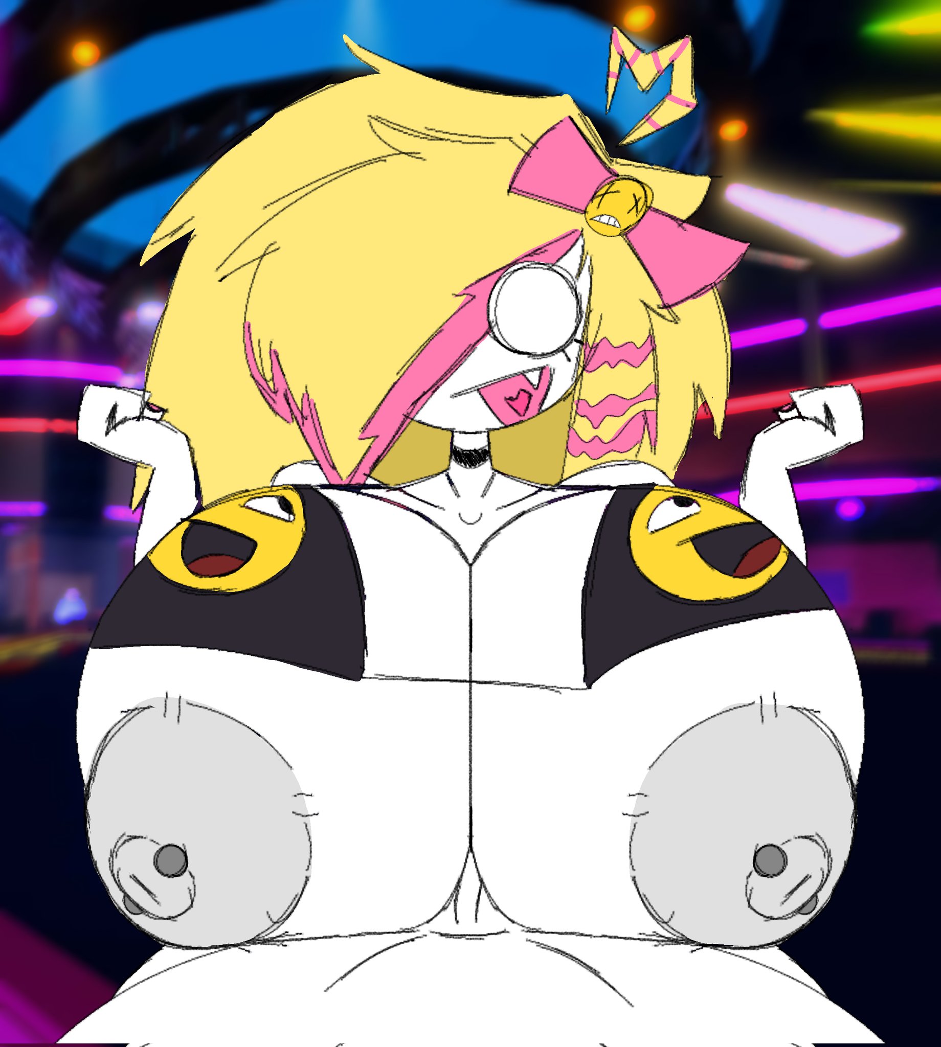 1boy, 1girls, 2026, 2d, 2d (artwork), background, big breasts, big penis, bikini, faceless male, happy, huge breasts, long hair, original, original character, paizuri, paizuri lead by female, party, piercing, scenecore, silly, sojusparks, white body, yellow hair