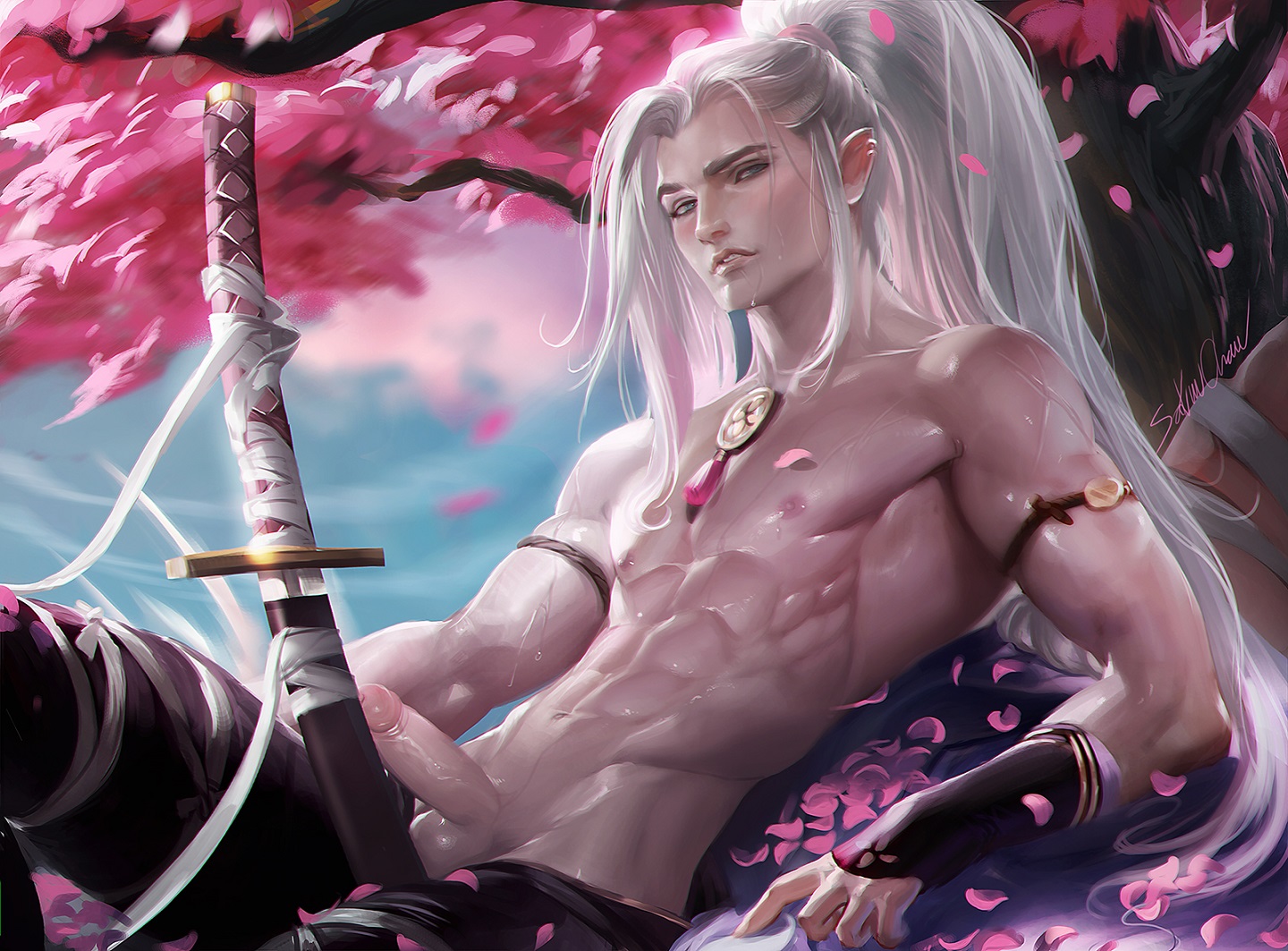 1boy, abs, balls, blue eyes, earring, erection, long hair, looking at viewer, lying, male, male only, muscles, nipples, pecs, penis, pointy ears, sakimichan, solo, sword, testicles, uncensored, weapon, white hair