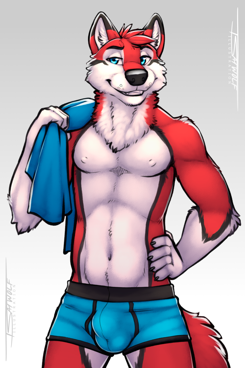 1boy 5_fingers anthro aurothos boxer_briefs boxers_(clothing) bulge canine claws clothed clothing fur male male_only mammal partially_clothed red_fur simple_background solo towel tsaiwolf underwear