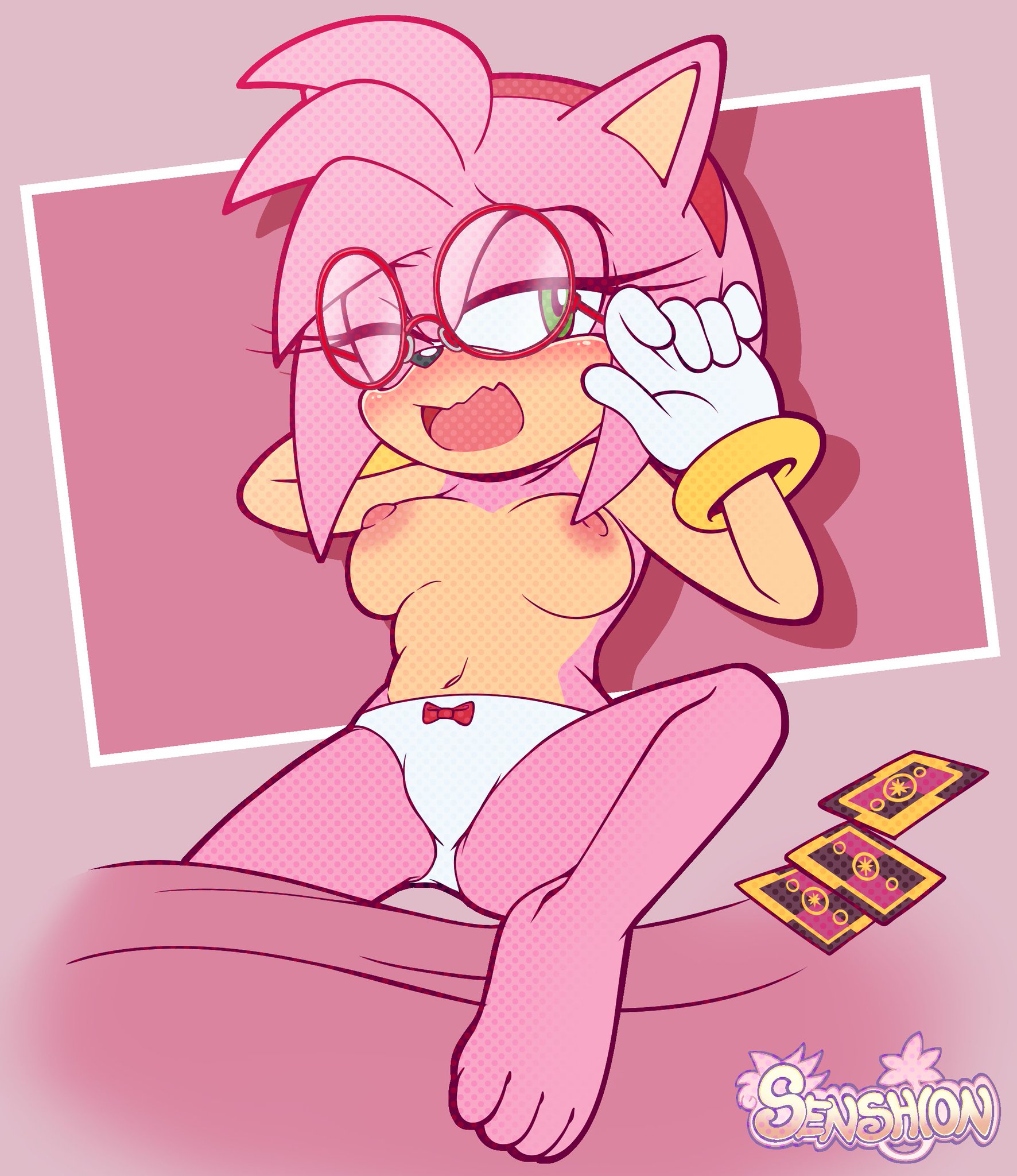 amy rose, breasts, cum on face, glasses, no bra, panties, panties only, sega, senshion, sonic (series), tarot card