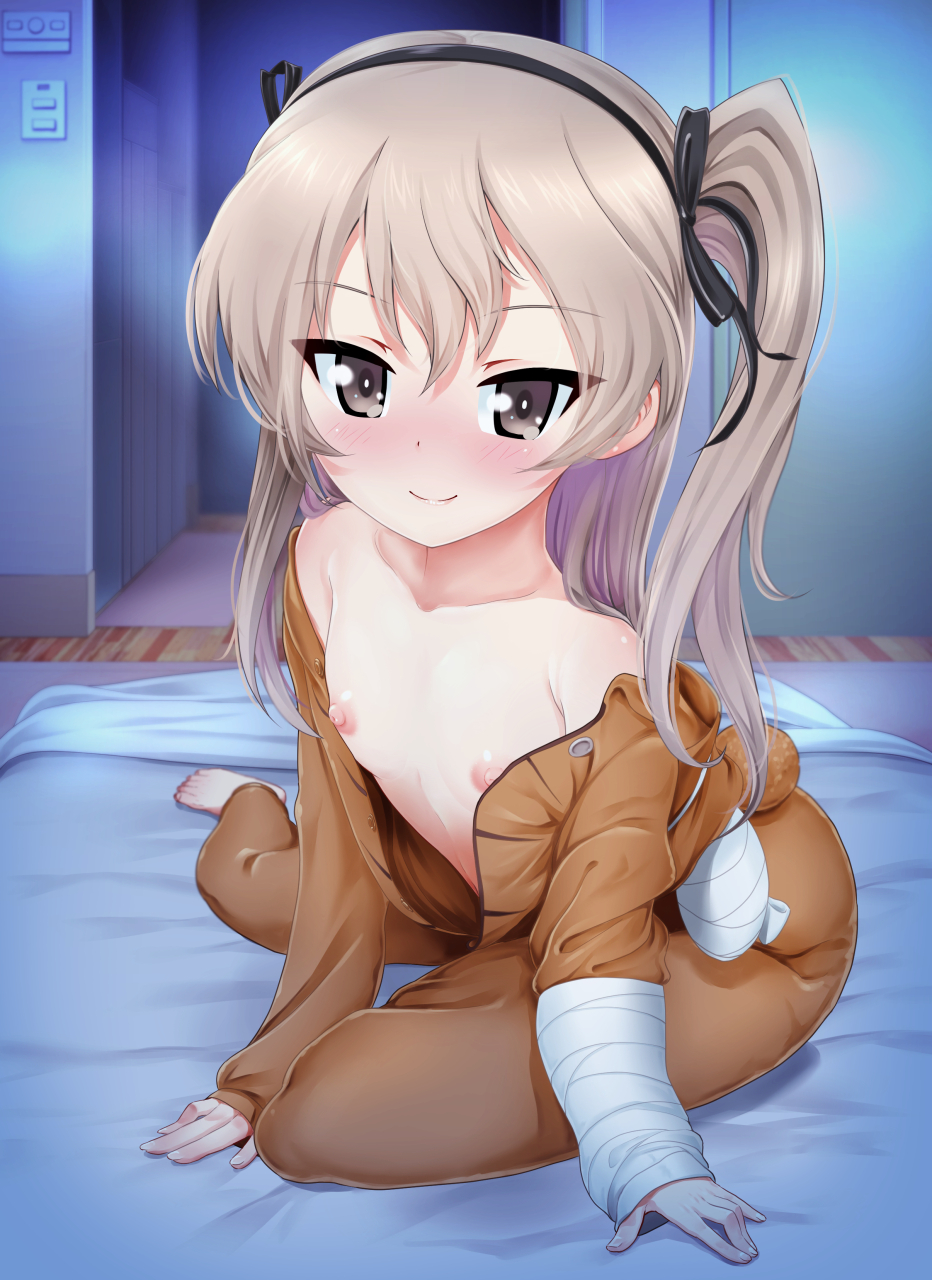 bed blush breasts female girls_und_panzer grey_eyes hair_ornament nipples pointy_chin ribbon shimada_arisu small_breasts smile solo white_hair