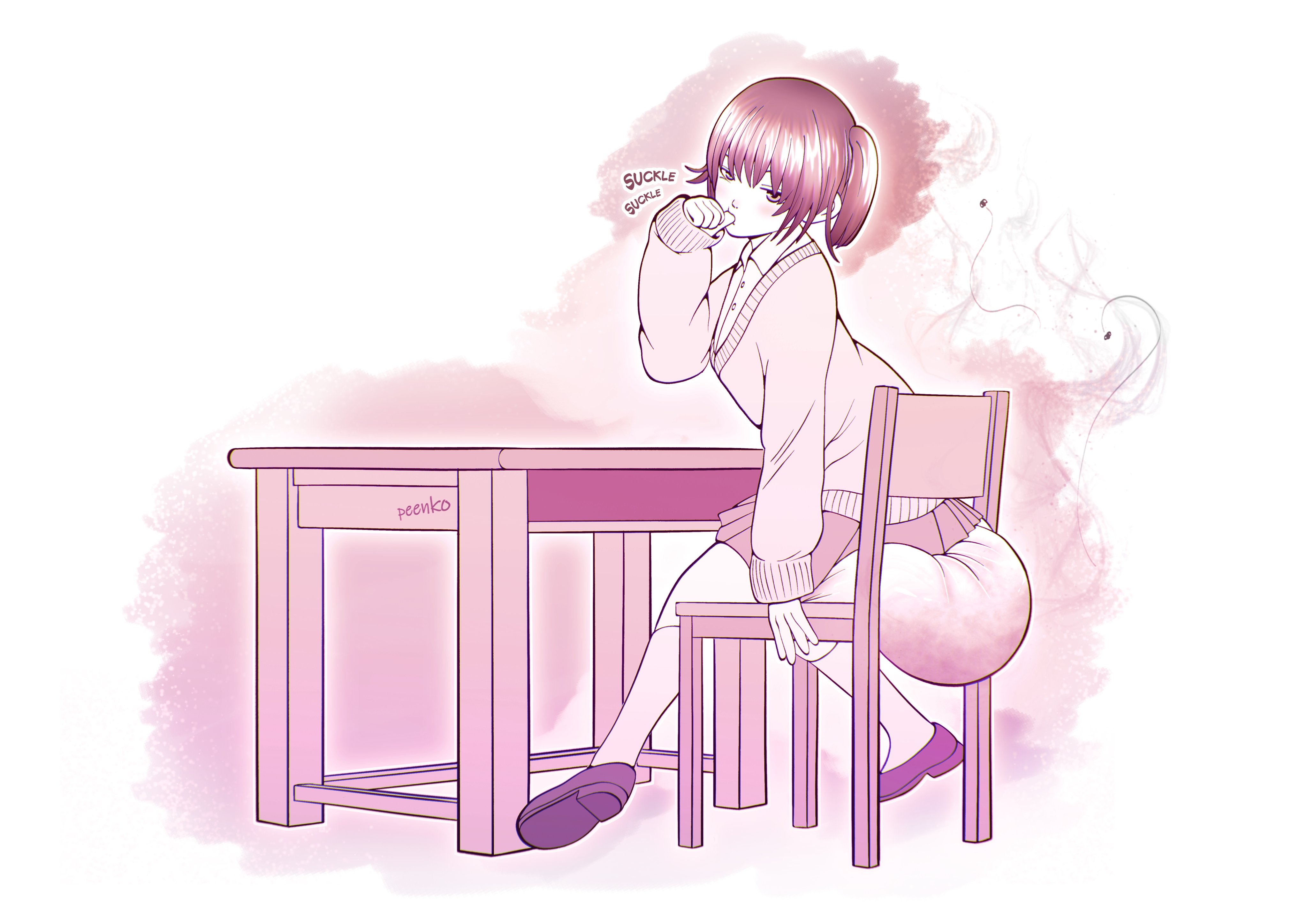 1girls, diaper, diaper under clothing, messy diaper, monochrome, peenko, sitting, solo, stink fumes