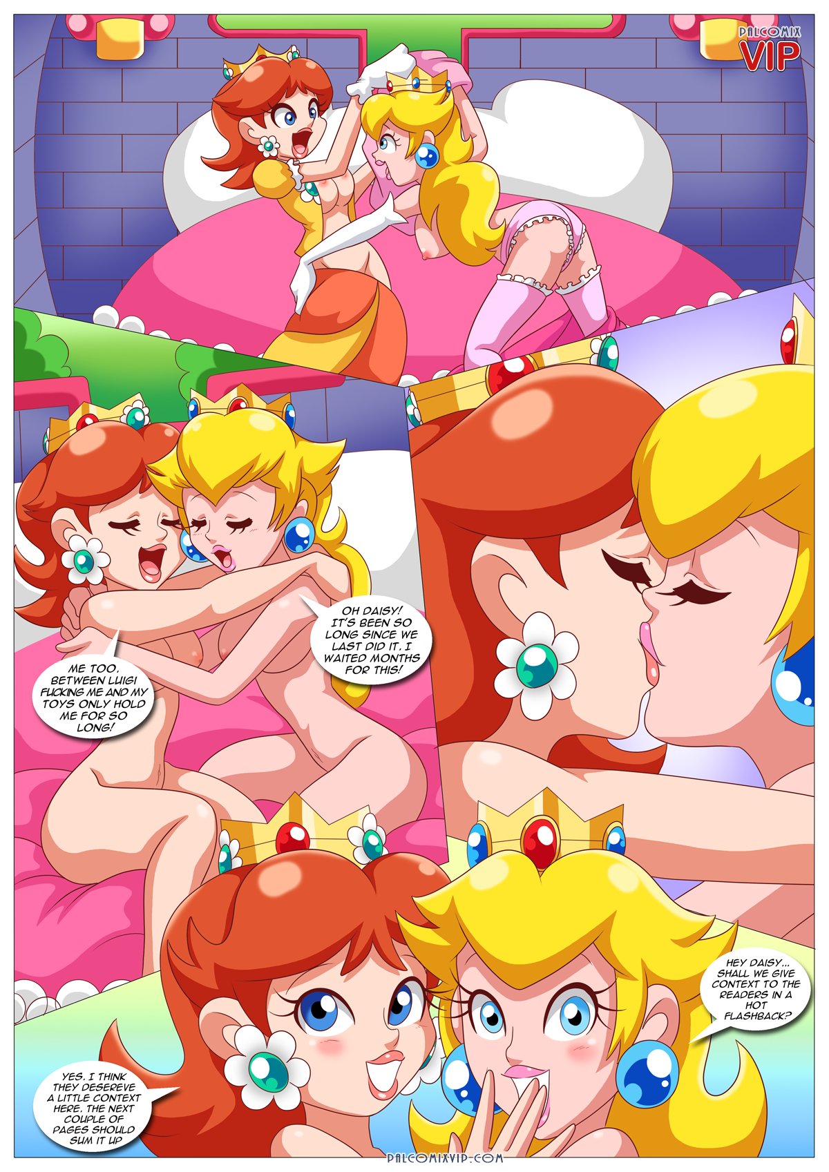 2girls, 4koma, bbmbbf, bed, breasts, comic, dialogue, english text, female, female only, french kiss, indoors, kissing, mario (series), multiple females, multiple girls, nintendo, nipples, nude, palcomixvip.com, princess daisy, princess peach, sitting, speech bubble, super mario bros., tagme, text, undressing, when the bros are away