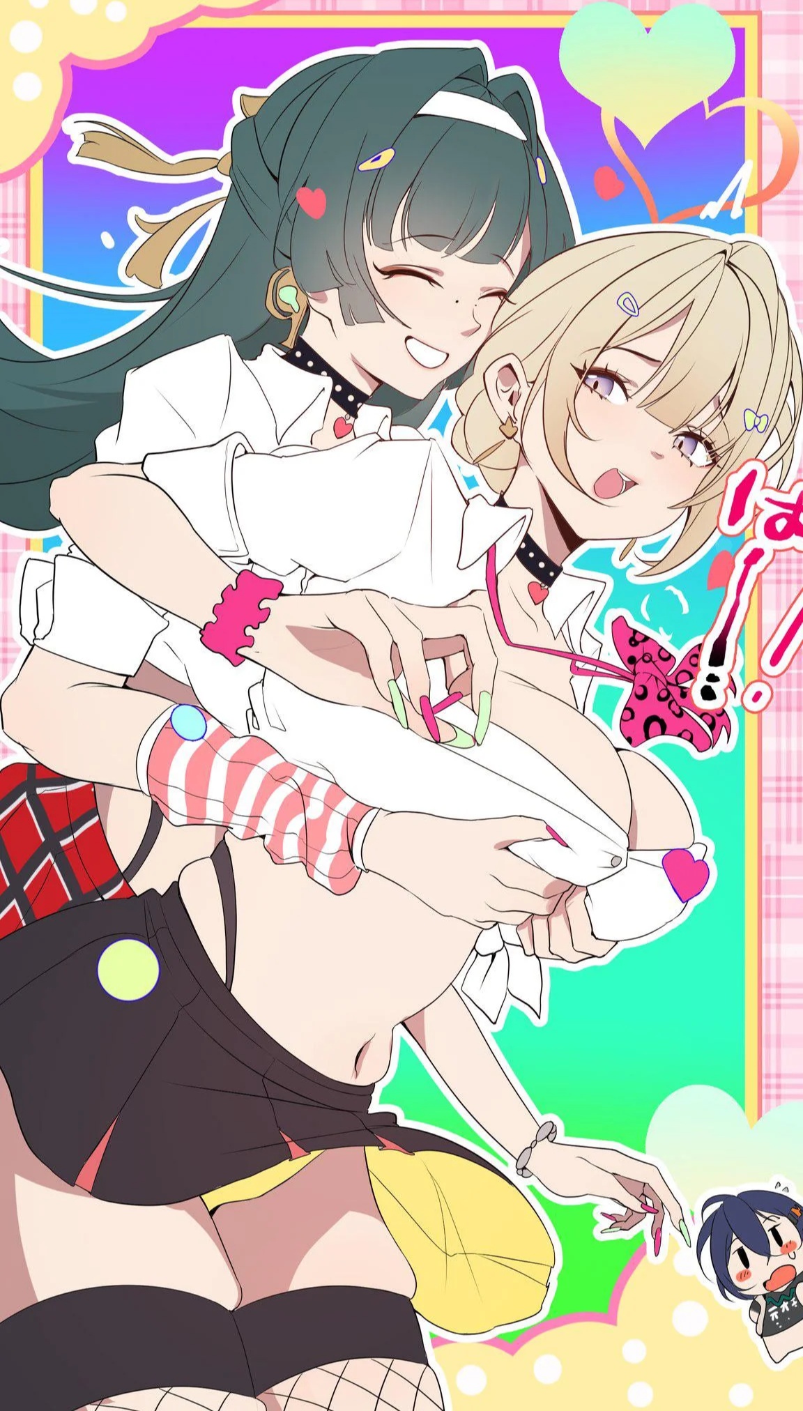 2girls, alternate costume, astra yao, belle (zenless zone zero), big breasts, breast grab, breasts, colorful, evelyn chevalier, fishnet legwear, fishnet stockings, fishnets, from behind, huge breasts, large breasts, long hair, multiple girls, short hair, yuri, yuyiosang, zenless zone zero