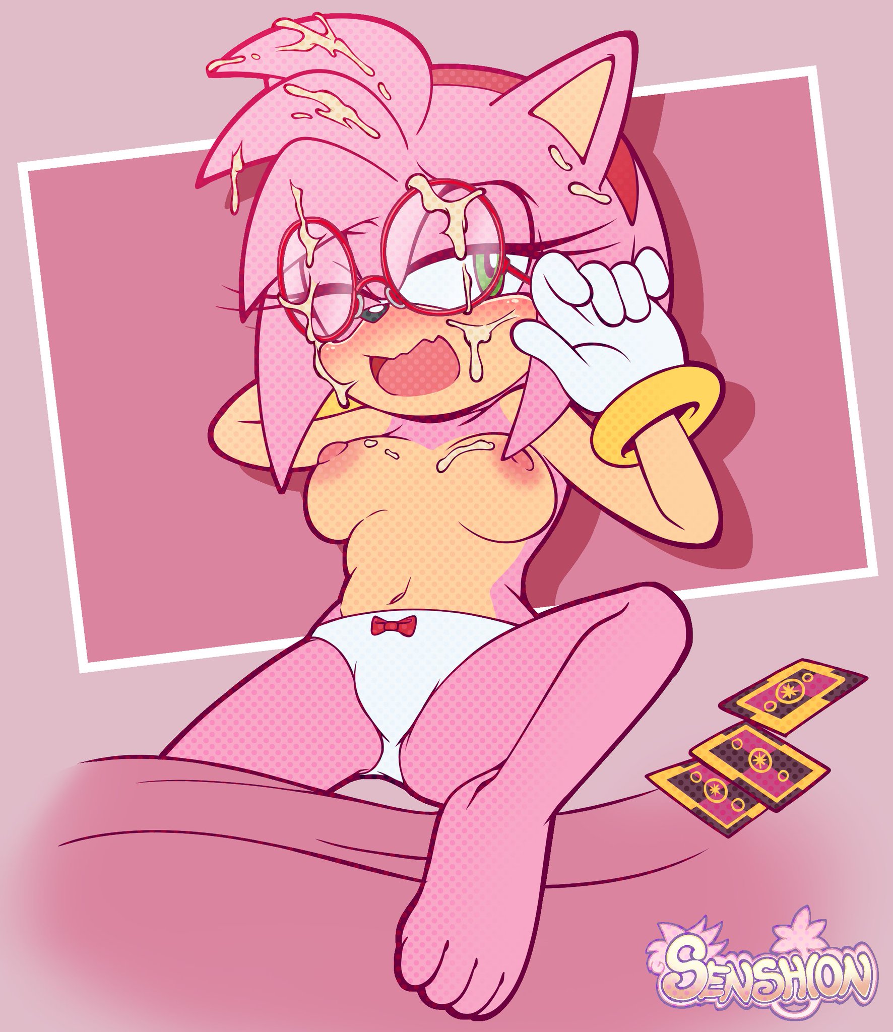 amy rose, breasts, cum on face, cumshot, cumshot on face, facial, glasses, no bra, panties, panties only, sega, senshion, sonic (series), tarot card