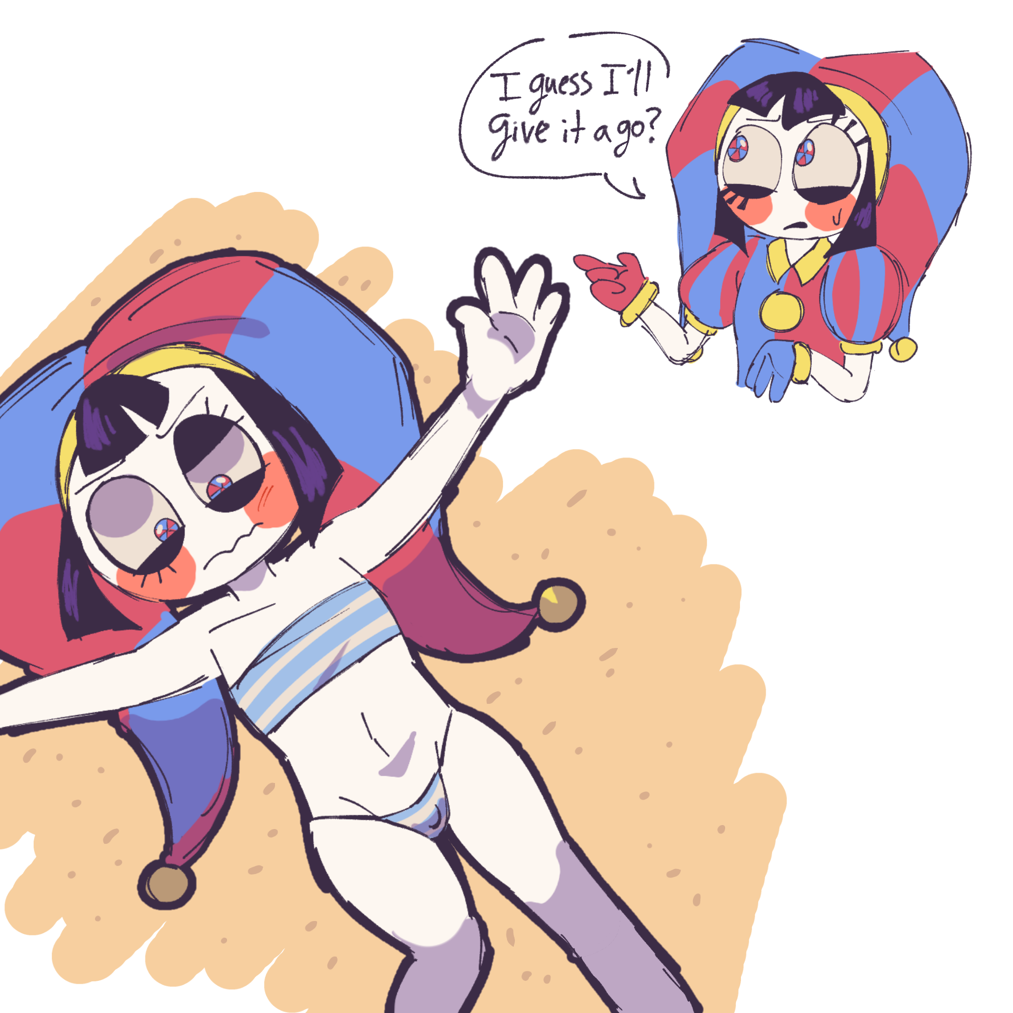 beach, bikini, flat chest, futanari, hyenaconfetti, micro penis, micropenis, penis, pomni, pomni (beach outfit), pomni (tadc), pomni (the amazing digital circus), small breasts, small penis, solo, swimsuit, tadc, the amazing digital circus