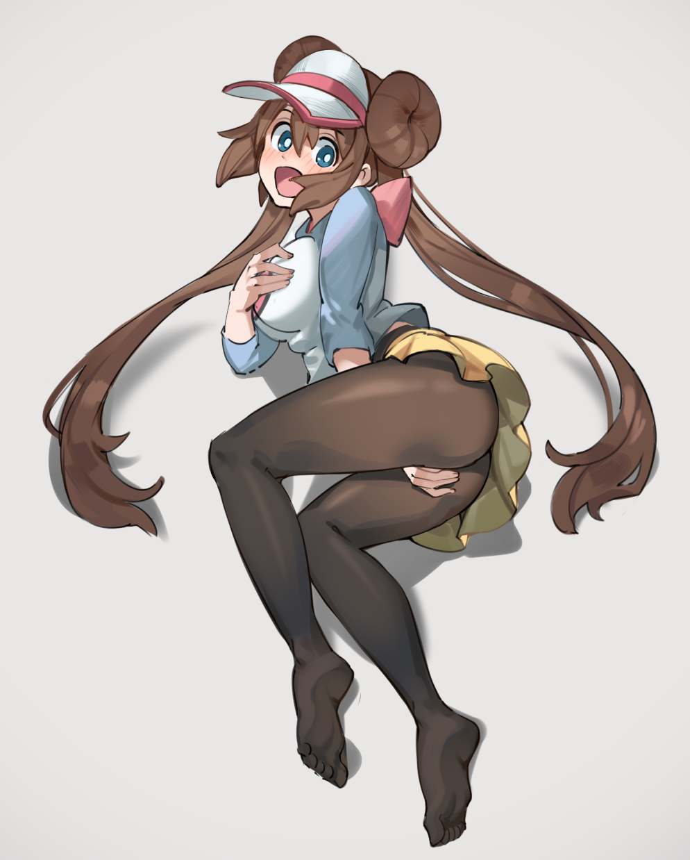 1girls :o black_pantyhose blue_eyes blush breasts brown_hair double_bun female grey_background hat long_hair nintendo open_mouth pale-skinned_female pale_skin pantyhose pokemon pokemon_bw pokemon_bw2 rosa_(pokemon) simplecar solo thighs twintails