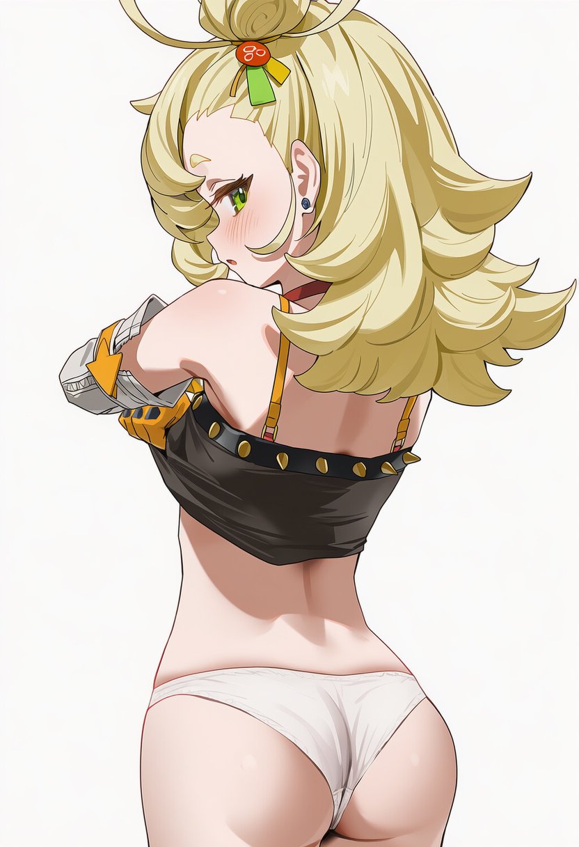 1girls, ahoge, ass, back, bare shoulders, blonde hair, blush, camisole, cowboy shot, crop top, earrings, from behind, gradient, green eyes, hair ornament, jewelry, long hair, looking at viewer, looking back, panties, piper wheel, solo, tagme, underwear, white panties, zenless zone zero