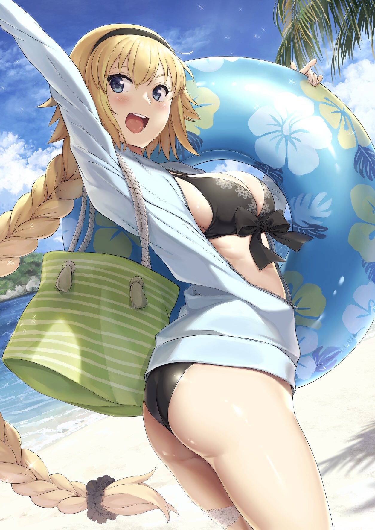 beach, fate (series), fate/grand order, female, female only, jeanne d'arc (fate), jeanne d'arc (swimsuit archer), one-piece swimsuit, shiny, shiny skin, skin tight, summer, swimsuit, wet