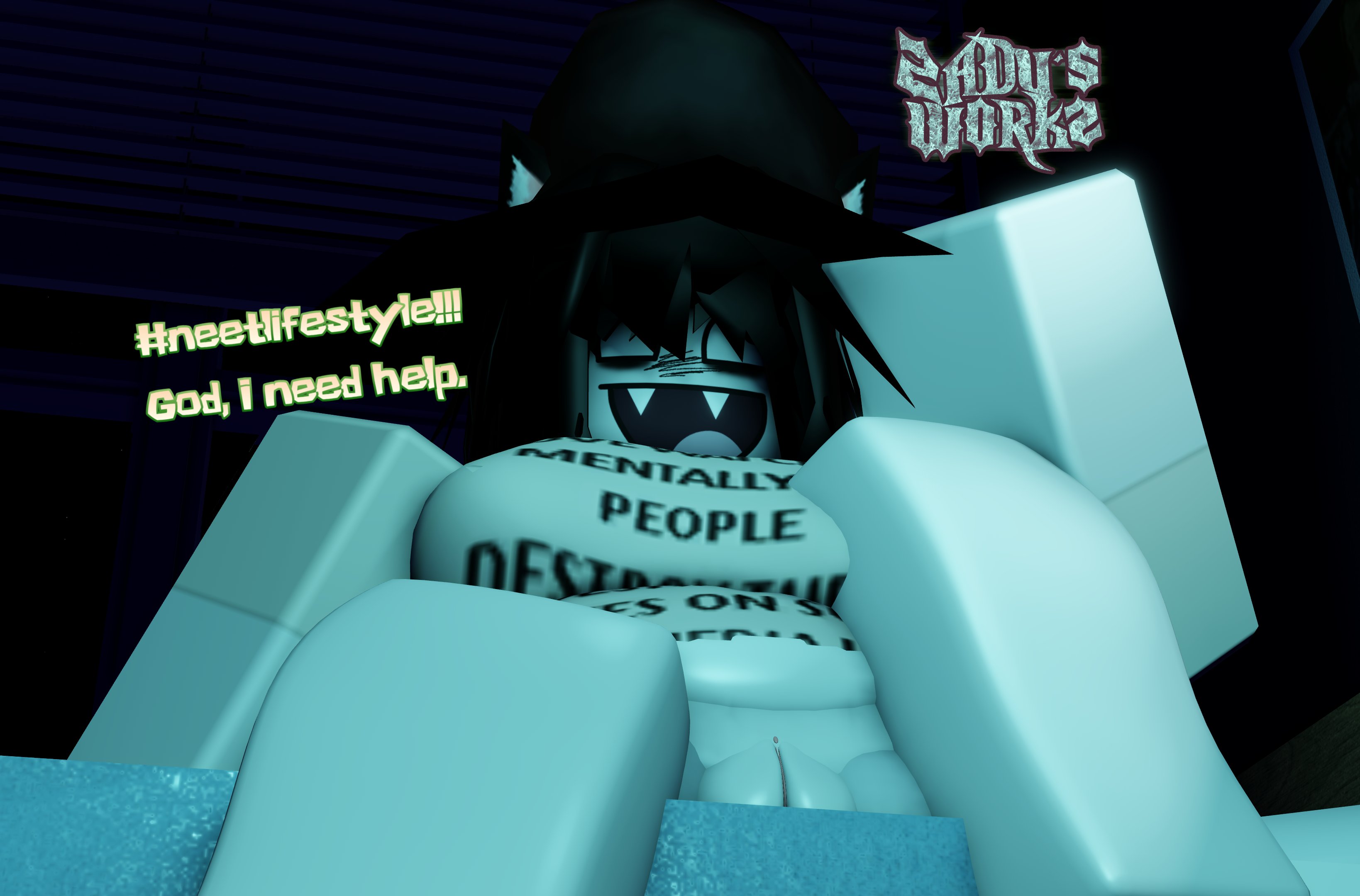 1girls, 3d, 3d (artwork), bed, black ears, black hair, bottomless, breasts, cat ears, catgirl, character request, chubby, chubby female, crimstuff, dialogue, ear, english, english text, exposed pussy, exposed vagina, femcel, girlfailure, hair, looking at viewer, loser, neet, oc, original character, pussy, roblox, robloxian, shirt, shirt only, sitting, sitting down, t-shirt, t-shirt only, text, thighs, vagina, watermark, white body, white skin, white-skinned female, zaduworkz