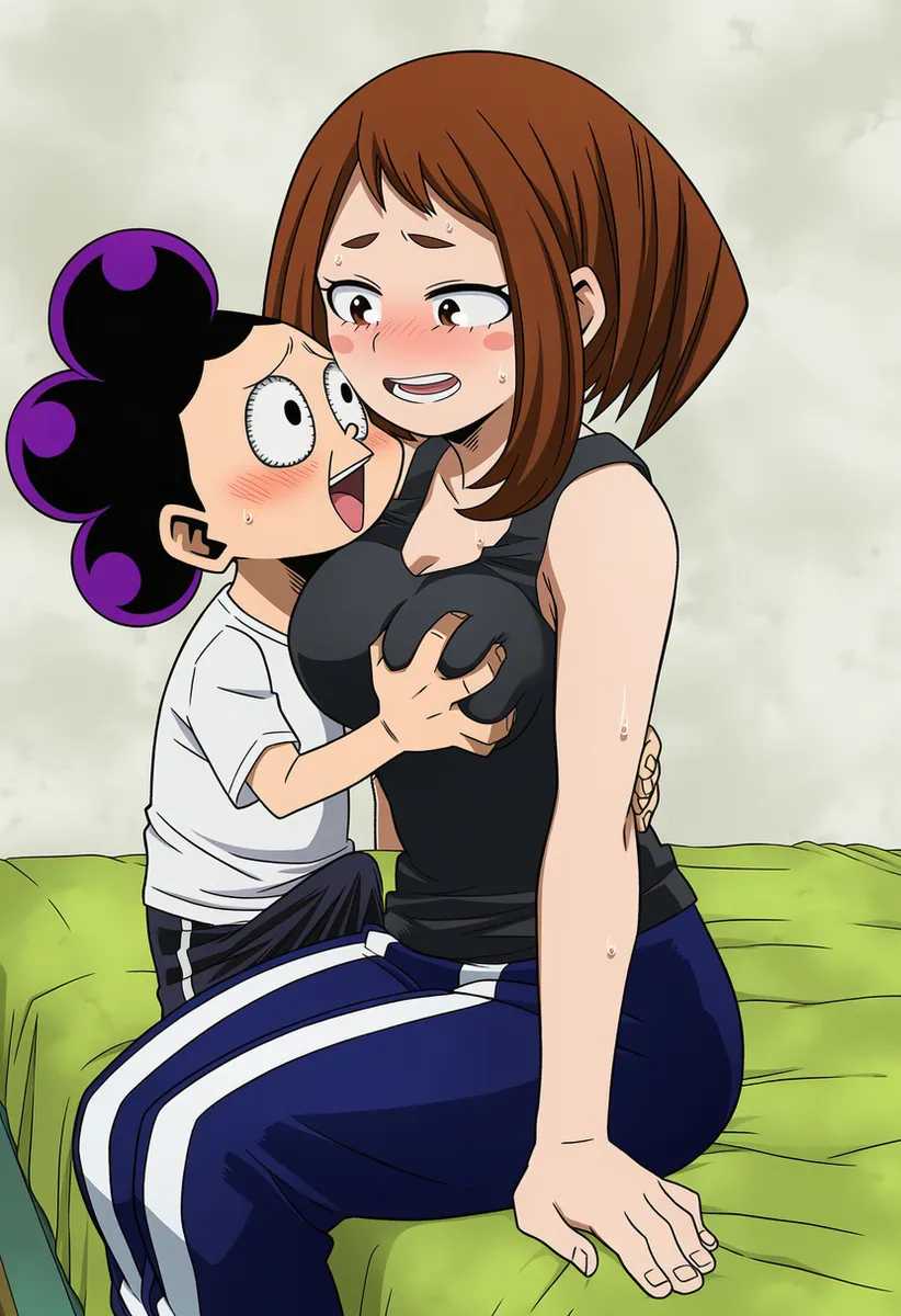 1boy, 1girls, ai generated, blush, breast grab, brown hair, brown-haired female, gym uniform, minoru mineta, my hero academia, ochako uraraka, purple-haired male, shy, sitting on bed