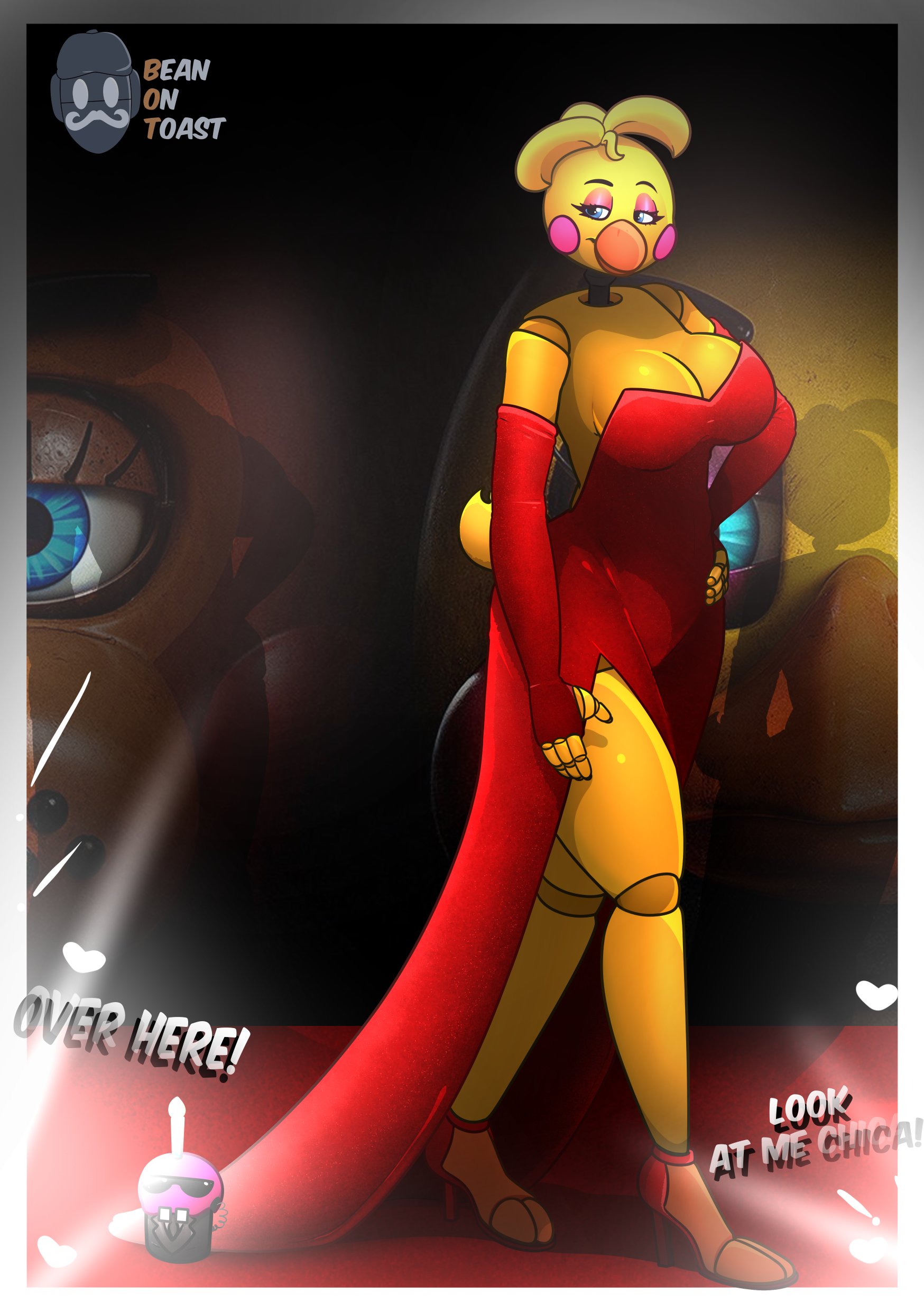 2025, 2d, 2d (artwork), 2d artwork, animatronic, animatronic female, anthro, anthro female, artist logo, artist name, beak, beanontoast, big breasts, blue eyes, breasts, chicken girl, cupcake (fnaf), dialogue, five nights at freddy's, five nights at freddy's 2, furry, furry female, orange beak, orange footwear, pink cheeks, pink eyeshadow, red dress, robot, robot joints, solo, sunglasses, thick thighs, toy chica (fnaf), yellow body