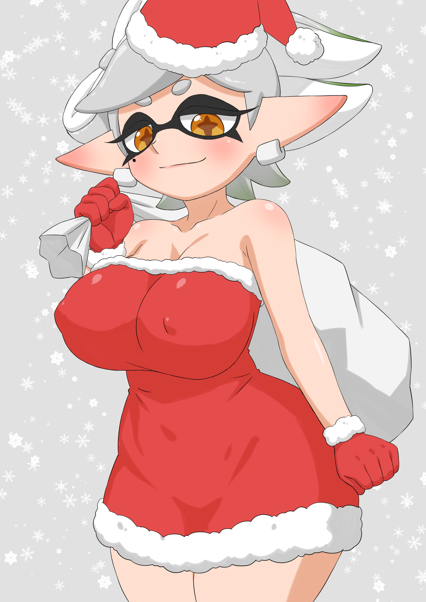 1girls, alternate breast size, big breasts, breasts, busty, christmas, female, hi res, hips, huge breasts, inkling, marie (splatoon), nintendo, pointy ears, santa costume, santa hat, splatoon, splatoon (series), tentacle hair, thick thighs, thighs, white hair, wide hips, yawake