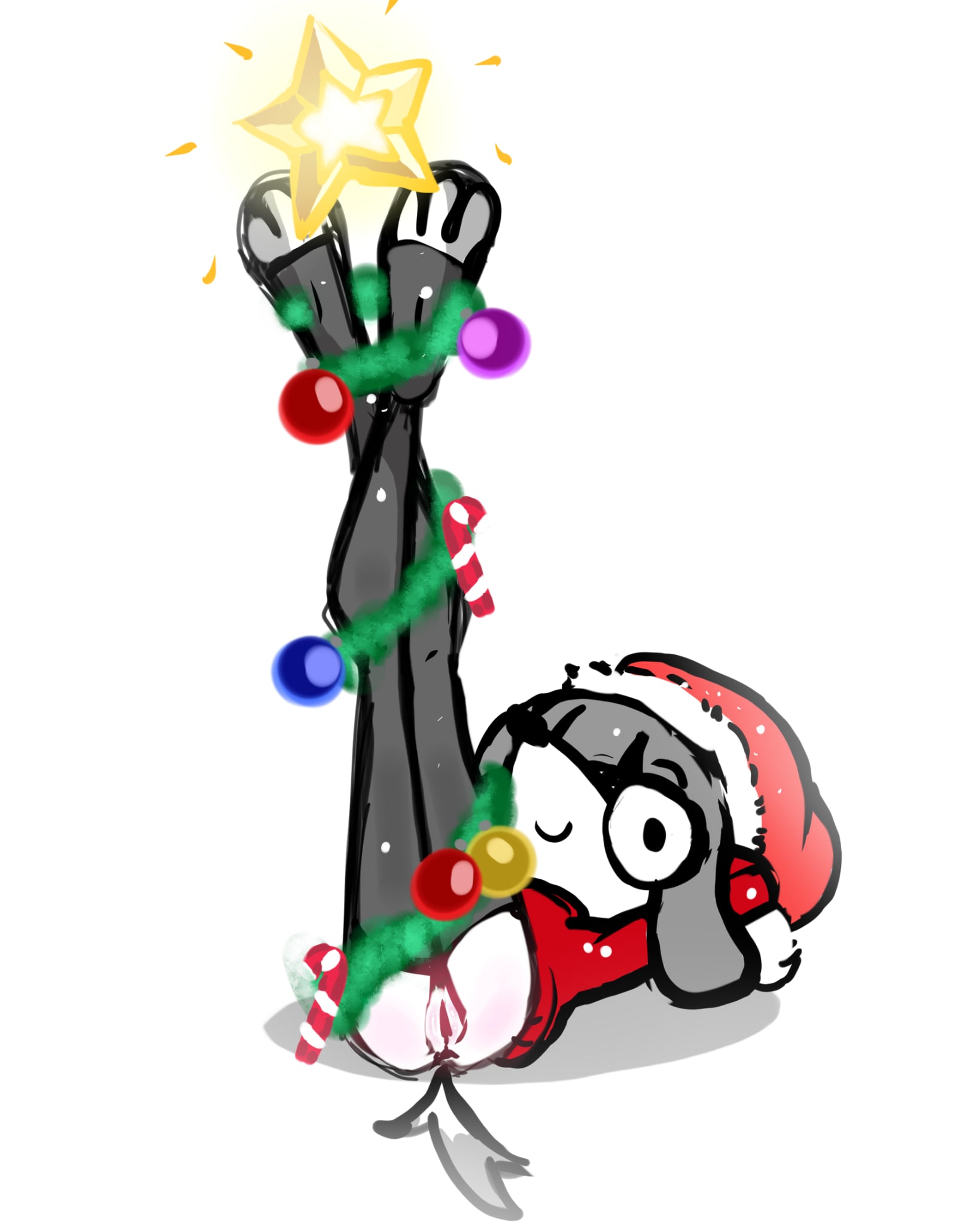 ass, black hair, christmas, cute face, cute smile, female, fifi (somemf), furry, la tiapat, legs up, nude, pussy juice, santa costume, tail, thighhighs, vagina, viewer pov