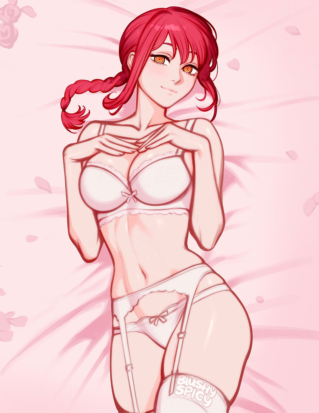 1girls, 2025, artist logo, artist name, blushypixy, blushyspicy, bra, chainsaw man, digital media (artwork), female, female only, female torso, flower petals, garter belt, garter straps, hi res, light skin, light-skinned female, lingerie, lingerie only, looking at viewer, makima (chainsaw man), on bed, orange eyes, panties, pink bra, pink panties, pink thighhighs, pinup, ponytail, red hair, ribbon, tagme, thighhighs