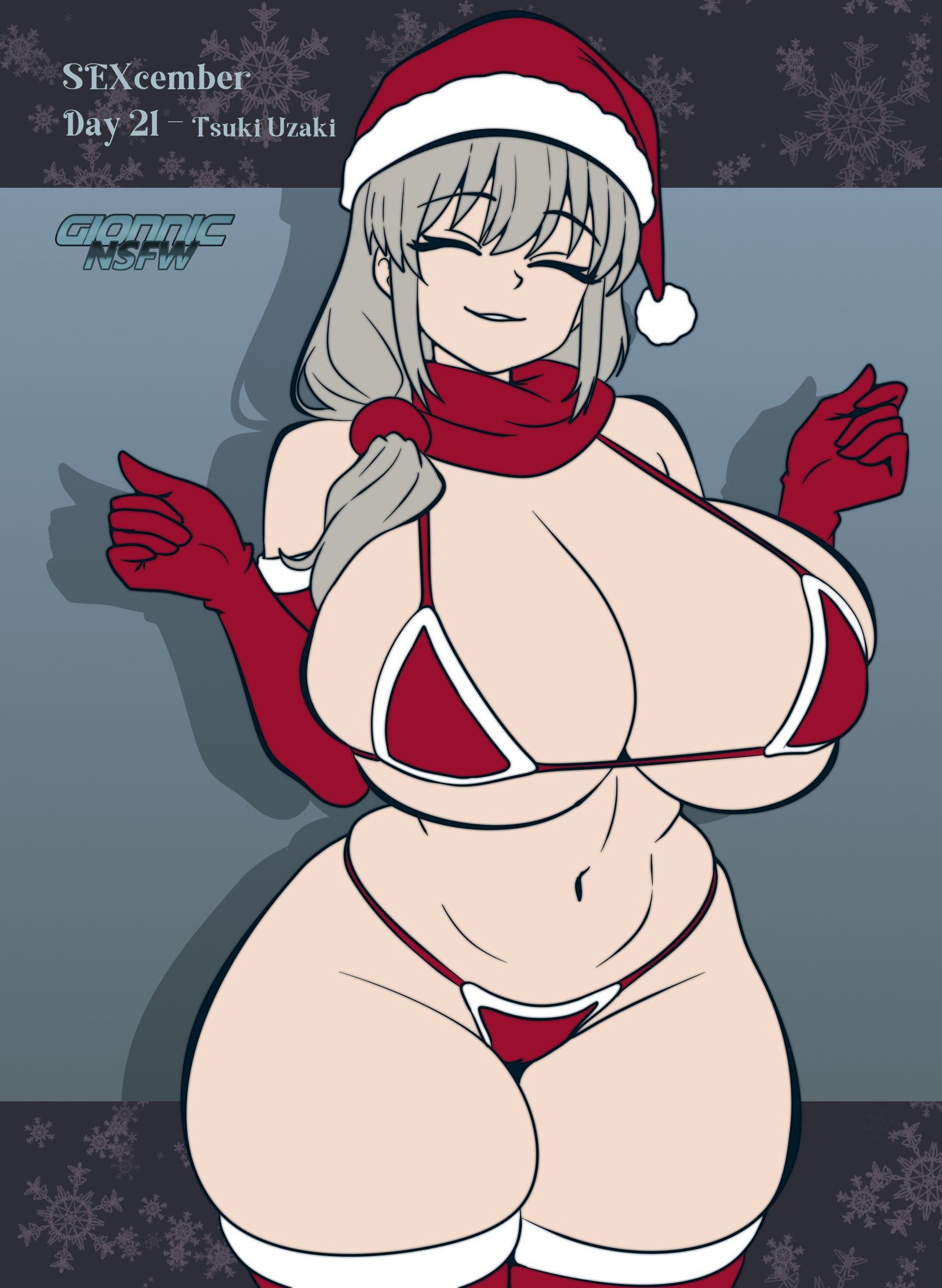 1girls, artist logo, artist name, belly, belly button, big hips, bikini, breasts, cameltoe, christmas, christmas bikini, christmas clothing, christmas outfit, closed eyes, curvaceous, curvy, curvy female, curvy figure, female, female focus, female only, gionnic art, gionnic art (artist), gionnics, gloves, gradient background, gray hair, grey hair, hat, hips, hourglass figure, large breasts, light skin, light-skinned female, long hair, perfect body, red bikini, red gloves, red hat, red scarf, red thighhighs, santa hat, scarf, sexcember, silver hair, smile, smiling, thick thighs, thighhighs, uzaki tsuki, uzaki-chan wa asobitai!, watermark
