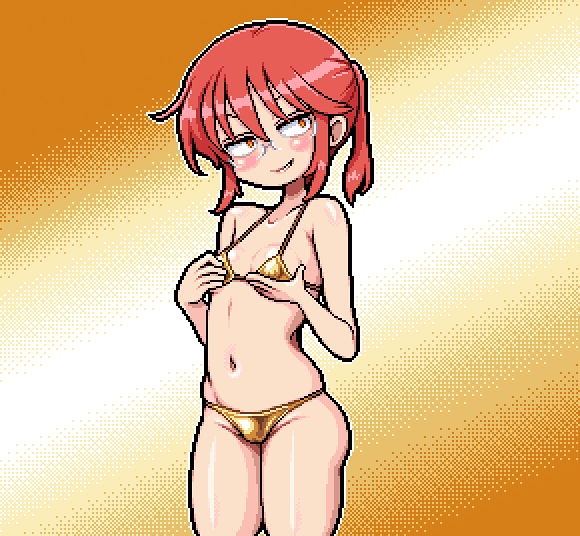 1girls, alternate costume, alternate version available, bikini, bikini bottom, bikini top, blush, bottomwear, breasts, brown eyes, eyewear, female, female only, glasses, golden bikini, golden week, grabbing own breast, hair, hazel eyes, kobayashi, lewdizzle, miss kobayashi's dragon maid, pixel art, ponytail, red hair, small breasts, solo, solo female, swimwear, thighs, tied hair, topwear, yellow bikini, yellow eyes