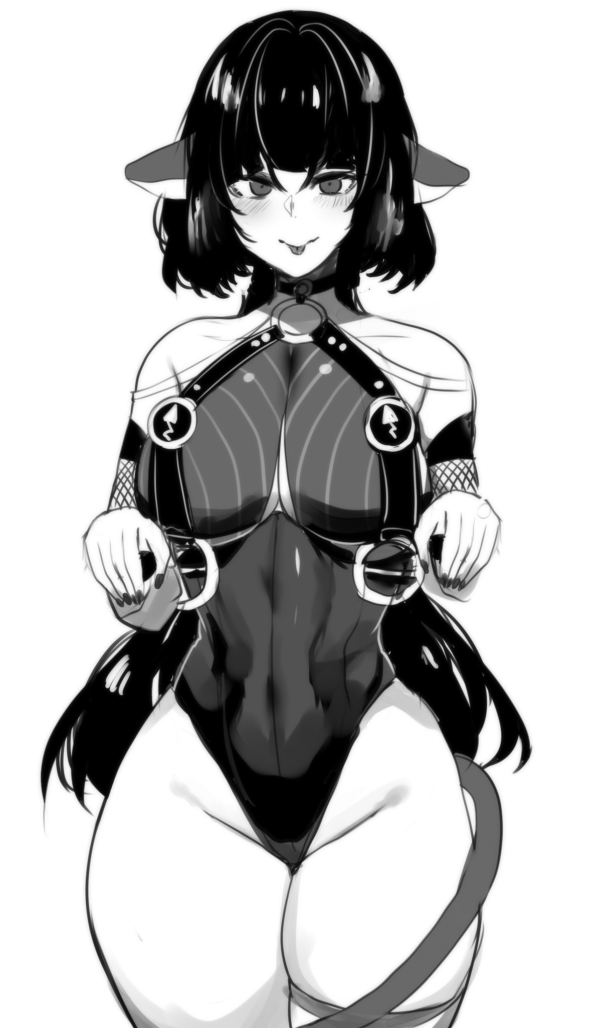 :p, 1girls, big breasts, black and white, breasts, female, female focus, female only, hinghoi, jane doe (nocturne of light) (zenless zone zero), jane doe (zenless zone zero), large breasts, light skin, light-skinned female, looking at viewer, monochrome, official alternate costume, one-piece swimsuit, simple background, solo, swimsuit, thick thighs, thighs, tongue, tongue piercing, white background, wide hips, zenless zone zero