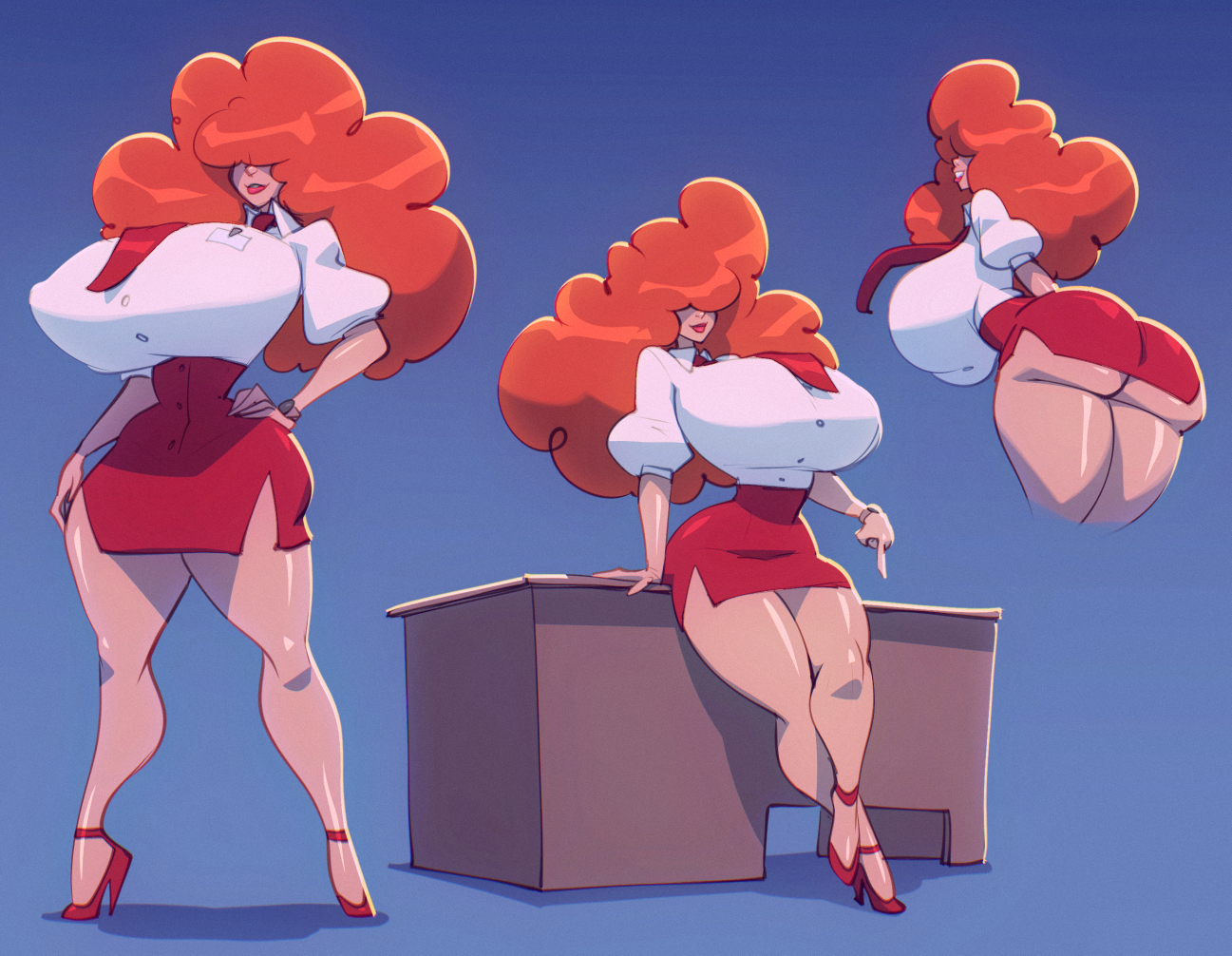 1girls, ass bigger than head, big ass, bigdad, blouse, breasts bigger than head, breasts bigger than torso, buttoned shirt, darnact, dat ass, gigantic breasts, hair over eyes, heels, high heels, hips wider than shoulders, huge breasts, leaning on desk, leaning on object, leaning on table, light-skinned female, lipstick, office lady, pencil skirt, powerpuff girls, puffy short sleeves, red hair, red heels, red lipstick, red skirt, red tie, redhead, sara bellum, short skirt, skirt, thick ass, thick thighs, thin arms, thin waist, thunder thighs, wasp waist, wide hips