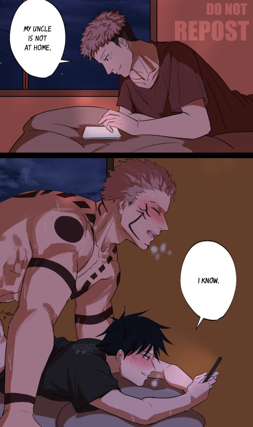 cheating, color, dialogue, doggy style, english text, fushiguro megumi, gay, itadori yuuji, jujutsu kaisen, male, male focus, male only, meme, netorare, phone call, ryoumen sukuna (jujutsu kaisen), text, twitter link, yaoi