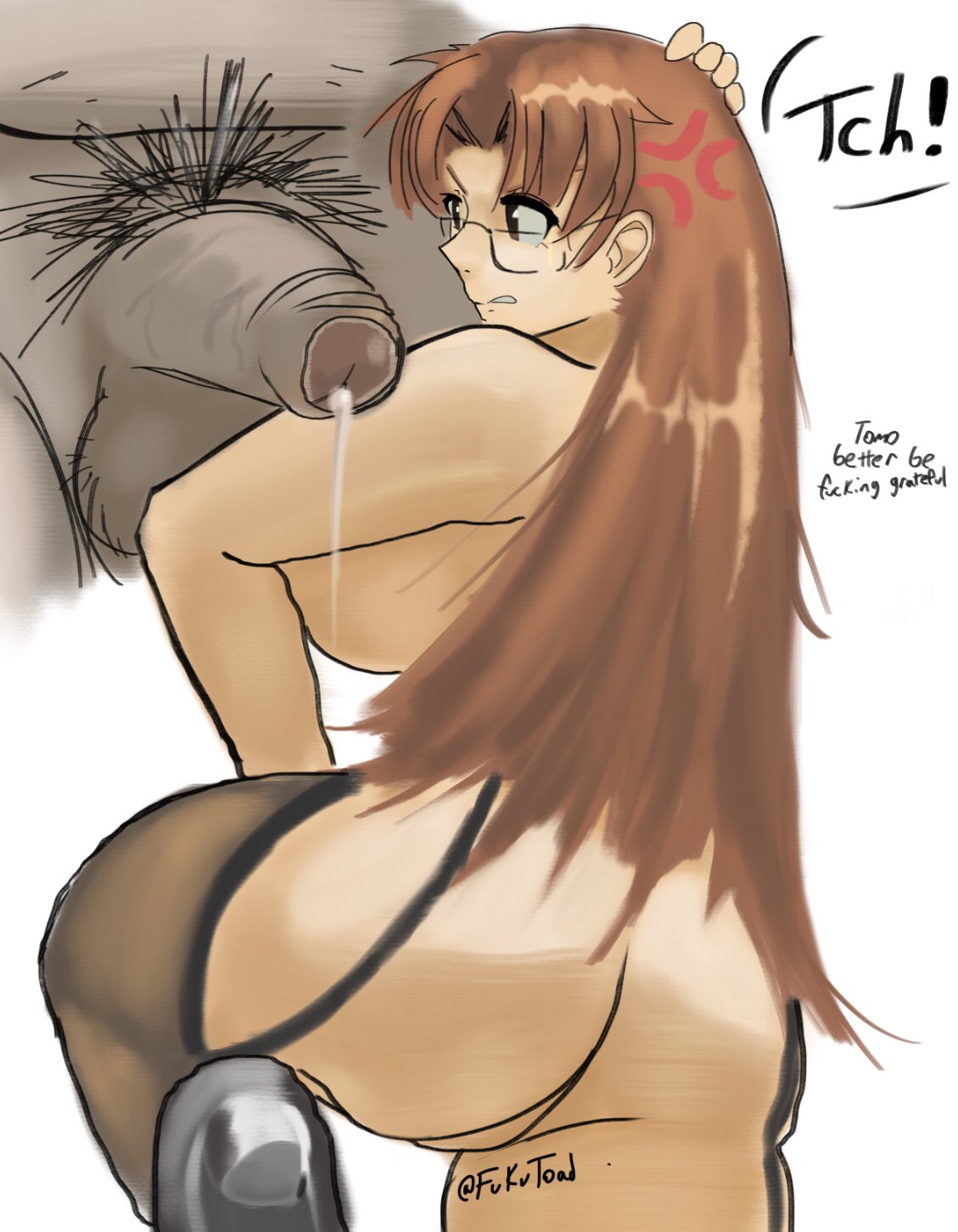 1boy, 1boy1girl, 1girls, age difference, ass, azumanga daiou, bare shoulders, big ass, big breasts, big butt, black thighhighs, boobs and butt pose, breasts, brown eyes, brown hair, busty, curvaceous, curvy, curvy female, curvy figure, dialogue, duo, duo focus, english text, fat ass, female, female focus, fukutoad, glasses, hand on head, head grab, hi res, high resolution, highres, huge breasts, koyomi mizuhara, large ass, large breasts, light skin, light-skinned female, lingerie, long hair, male, male/female, older male, penis, precum drip, sideboob, speech bubble, straight, tagme, text, thighhighs, ugly bastard, ugly man, voluptuous, voluptuous female, younger female