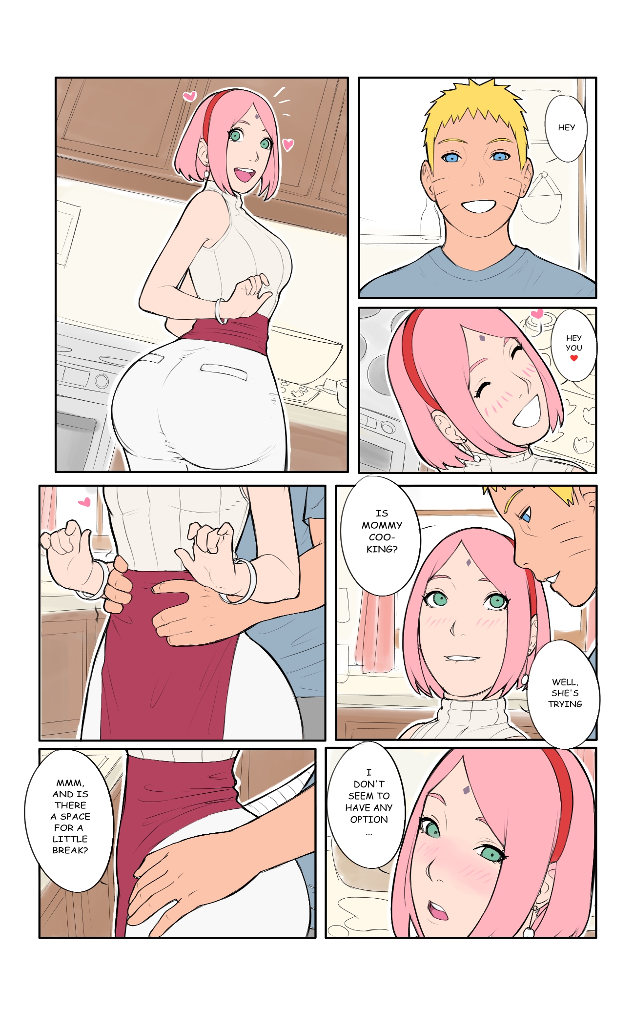 1boy, 1boy1girl, 1girls, absurd res, absurdres, apron, aroused, aroused face, aroused female, ass, ass focus, bare shoulders, bedroom eyes, big ass, big butt, biggies00, biting lip, blonde hair, blue eyes, blush, bob cut, boruto: naruto next generations, bracelet, bracelets, bubble ass, bubble butt, butt, child bearing hips, comic, cooking, couple, cuddle, cuddling, cute, dat ass, dialogue, dominant male, dry humping, dumptruck ass, dumptruck butt, duo, duo focus, ear piercing, ear ring, earrings, embrace, embrace from the behind, embracing, embracing another, english text, facial markings, fat ass, female, femsub, green eyes, grinding, grinding on penis, grinding through clothes, hand on hip, haruno sakura, heart, heart symbol, hearts around head, hi res, high quality, high resolution, highres, hip grab, hips, hips wider than shoulders, hotpants, hourglass figure, housewife, hug, huge ass, hugging, hugging from behind, humping, imminent sex, indoors, jeans, jewelry, kitchen, large ass, looking at another, looking at partner, looking at viewer, looking back, looking pleasured, love heart, love hearts, male, maledom, mature, mature female, medium hair, milf, mommy, mommy kink, narrowed eyes, naruto, naruto (series), naruto shippuden, naruto uzumaki, naruto: the last, naughty face, nose blush, open mouth, pink hair, pleasure face, pov, pov eye contact, pov male, presenting ass, presenting butt, romance, romantic, romantic ambiance, romantic couple, sakura haruno, sakura uchiha, seductive, seductive eyes, seductive look, seductive mouth, seductive smile, shonen jump, short hair, shoulder length hair, shounen jump, shueisha, sleeveless, sleeveless shirt, smile, smiling, smiling at viewer, speech bubble, story, straight, submissive female, teeth, teeth showing, text, thick thighs, thigh grab, thighs, thunder thighs, tight clothing, tight pants, uchiha sakura, uzumaki naruto, venus body, very high resolution, voluptuous, voluptuous female, weekly shonen jump, weekly shounen jump, whisker markings, whiskers, white jeans, white pants, wholesome, wide hips, yellow hair