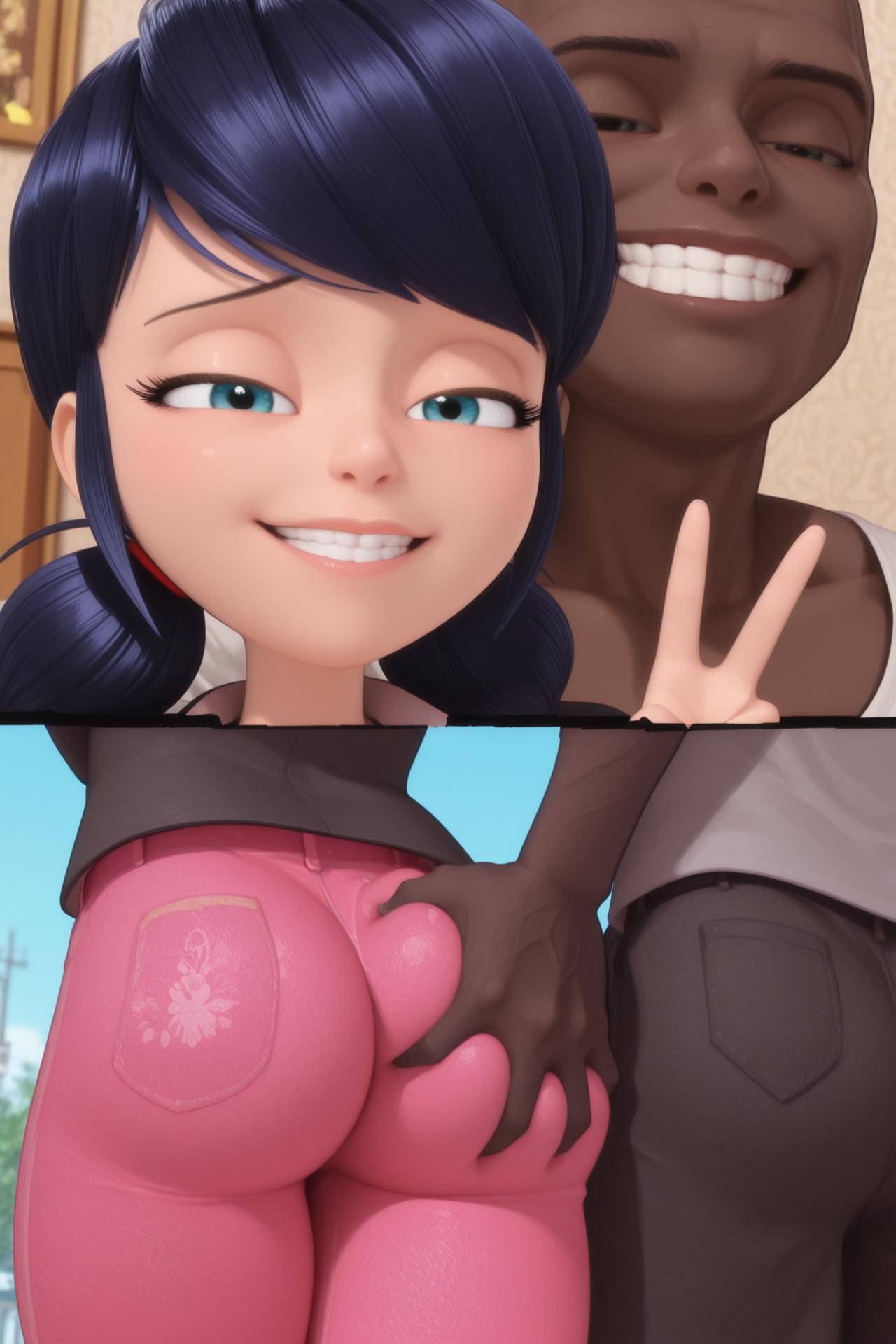 1boy, 2koma, age difference, ai generated, ass, ass focus, ass grab, black hair, black pants, blue eyes, blue hair, comic, dark skin, dark-skinned male, deep skin, female, from behind, grabbing, grabbing another's ass, grin, groping, half-closed eyes, interracial, jacket, leggings, long hair, looking at viewer, looking back, low twintails, marinette dupain-cheng, miraculous ladybug, naughty face, outdoors, pants, pantylines, pink pants, shirt, short twintails, smile, smirk, smug, straight, swept bangs, tank top, teeth, tight clothes, tight pants, twintails, v, very dark skin, white shirt