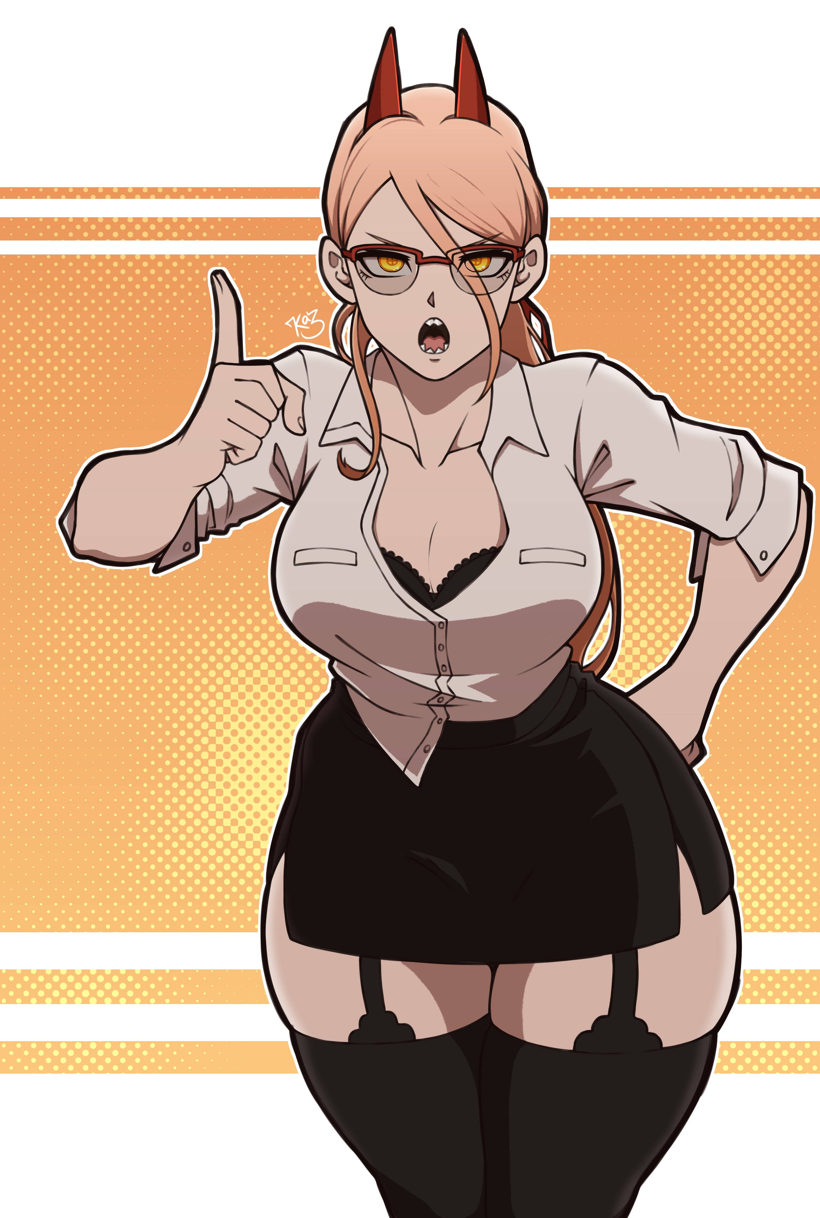 1girls, big breasts, black bra, black thighhighs, bottomwear, bra, breasts, chainsaw man, cleavage, clothing, demon, demon girl, demon horns, eyewear, female, female only, garter straps, garterstraps, glasses, hips, horns, kazuarts, legwear, power (chainsaw man), sharp teeth, shirt, solo, solo female, thighhighs, thighs, topwear, white shirt, wide hips, yellow eyes