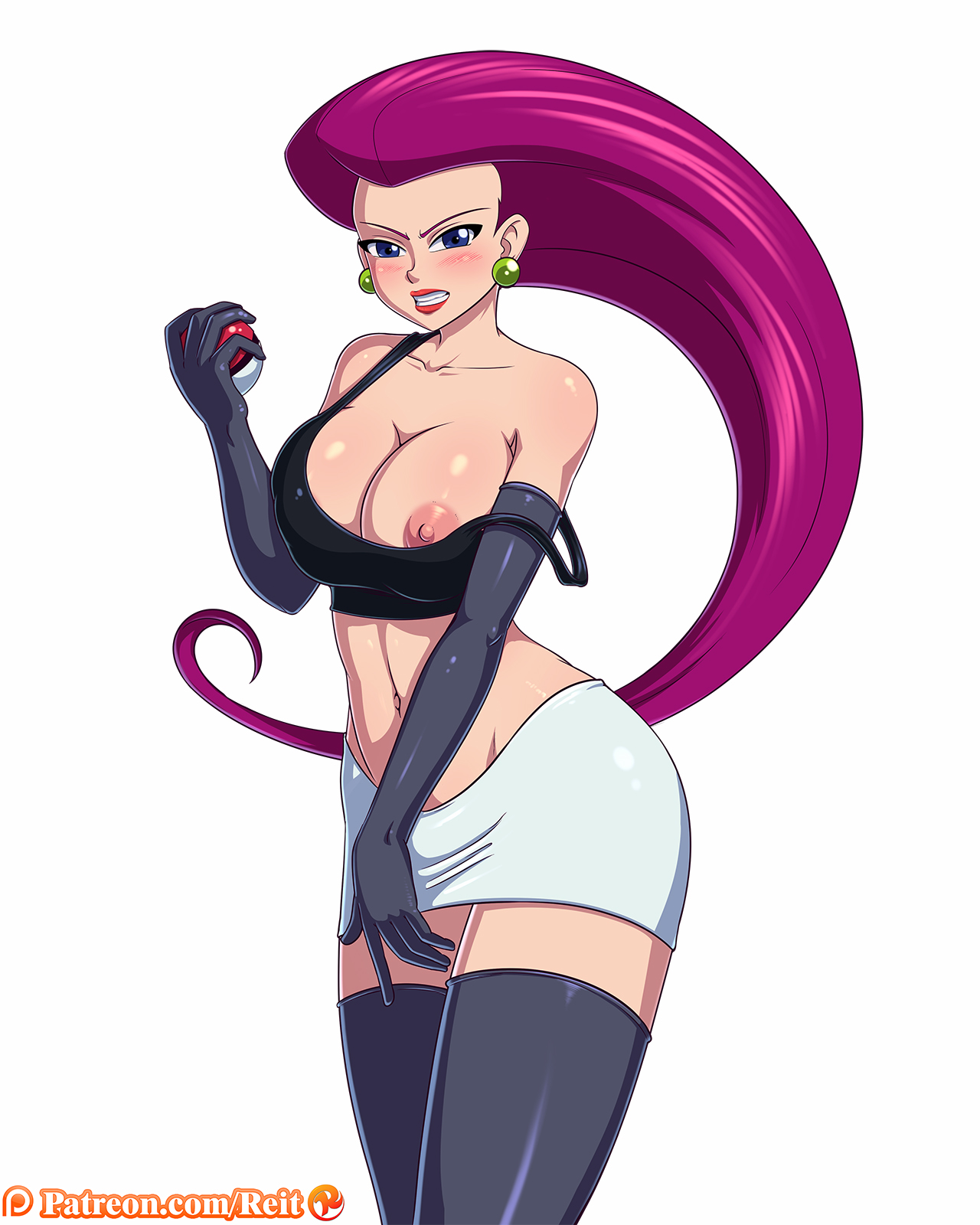 1girls, areolae, big breasts, blue eyes, boots, breasts, cleavage, clothed, earrings, female, gloves, holding, human, jessie (pokemon), lipstick, long hair, looking at viewer, midriff, navel, nintendo, nipples, poke ball, pokemon, purple hair, reit, shirt, skirt, solo, standing, tank top, team rocket, teeth, text, thigh boots, thighhighs, undressing, white background
