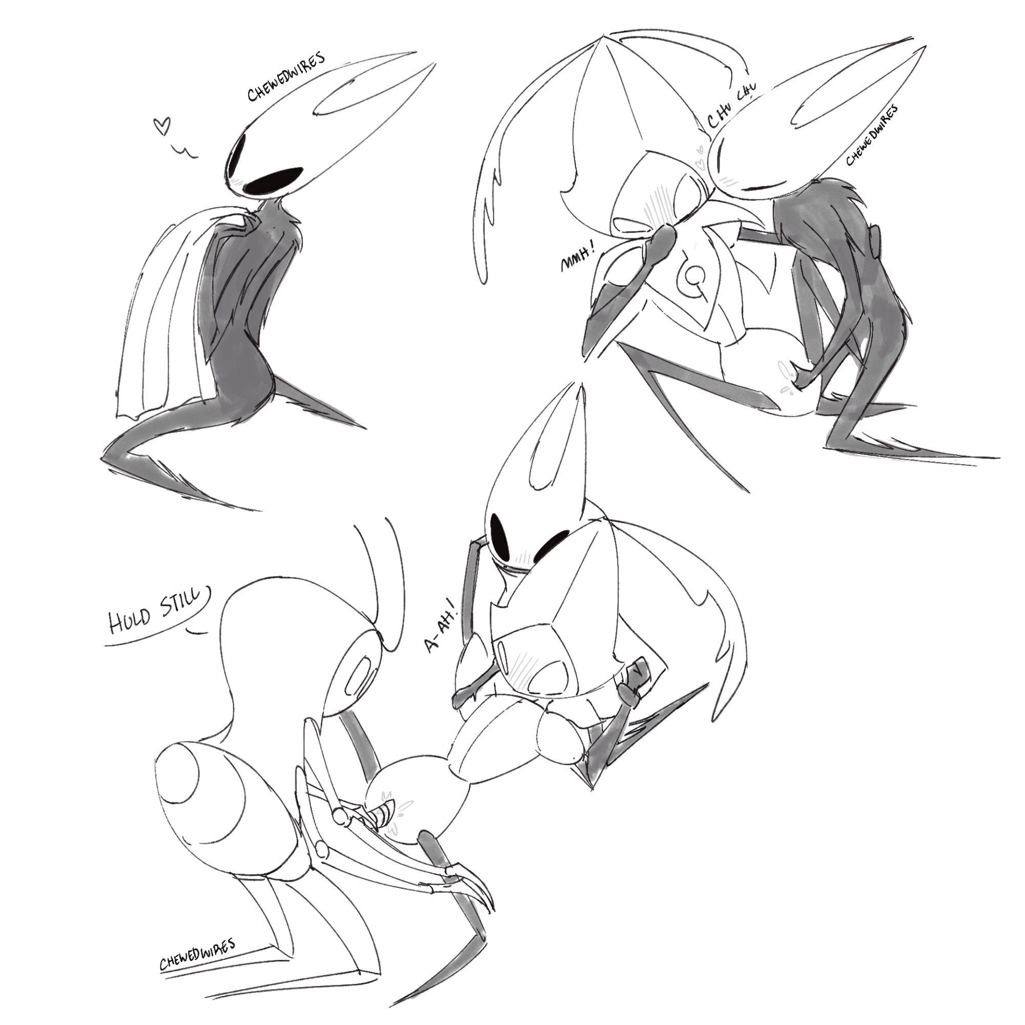 2d, 2d (artwork), 3girls, blush, bug girl, chewedwires, fingering, girl on girl, hollow knight, hornet (hollow knight), monochrome, onomatopoeia, robot, robot girl, second sentinel, silksong, twelfth architect, yuri