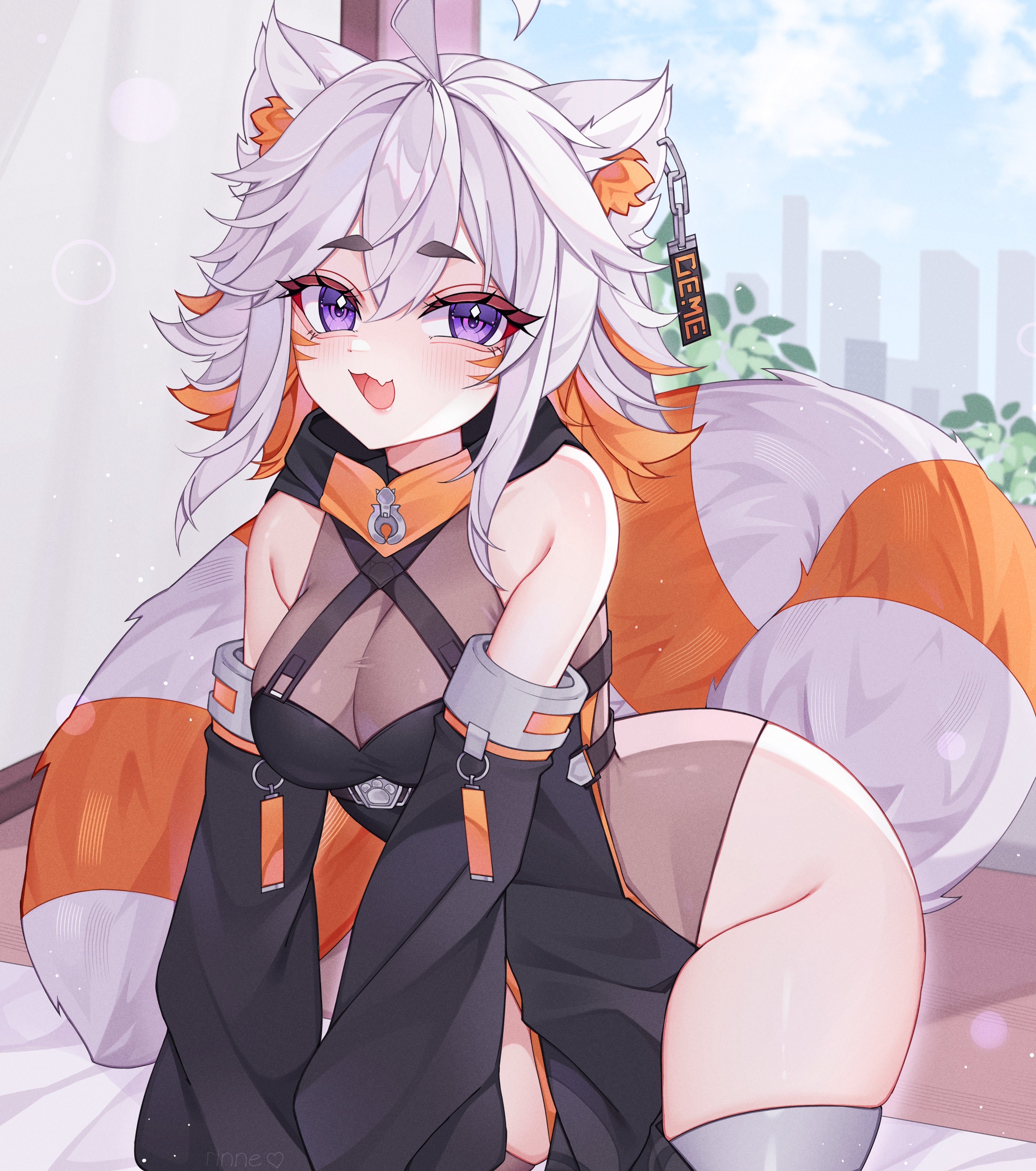 1girls, absurdres, ahoge, animal ears, animal tail, ass, big ass, black sleeves, breasts, breasts squeezed together, breedable hips, bridal gauntlets, cityscape, cleavage, curvy, curvy figure, cute, demenishki, ear tag, facial mark, fat ass, fat thighs, female, fluffy, fluffy tail, halter leotard, halterneck, highres, hip focus, hips, indie virtual youtuber, kemonomimi, kneeling, large ass, leaf, leotard, loincloth, oerba yun fang, on bed, open mouth, orange hair, purple eyes, red panda ears, red panda girl, red panda tail, rinne (rinne oi), see-through cleavage, see-through clothes, see-through leotard, short hair, skin fang, thick thighs, thighhighs, thighs, tits, virtual youtuber, vtuber, whisker markings, wide hips, window