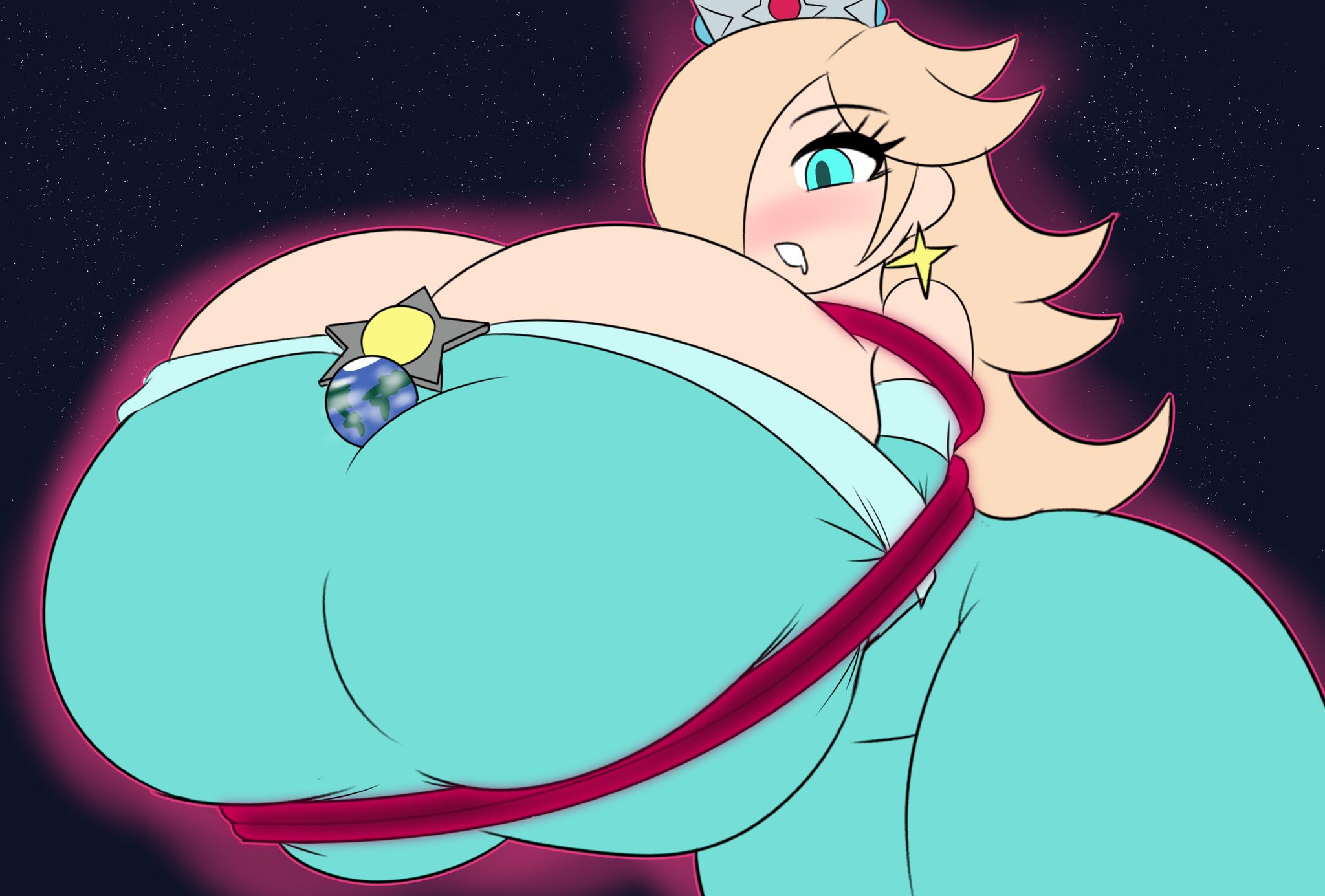 ass expansion, big breasts, bigger than earth, breast expansion, earth, giantess, huge breasts, hyper breasts, mario (series), nintendo, planet, princess rosalina, ribbon, shadst3r, thick thighs