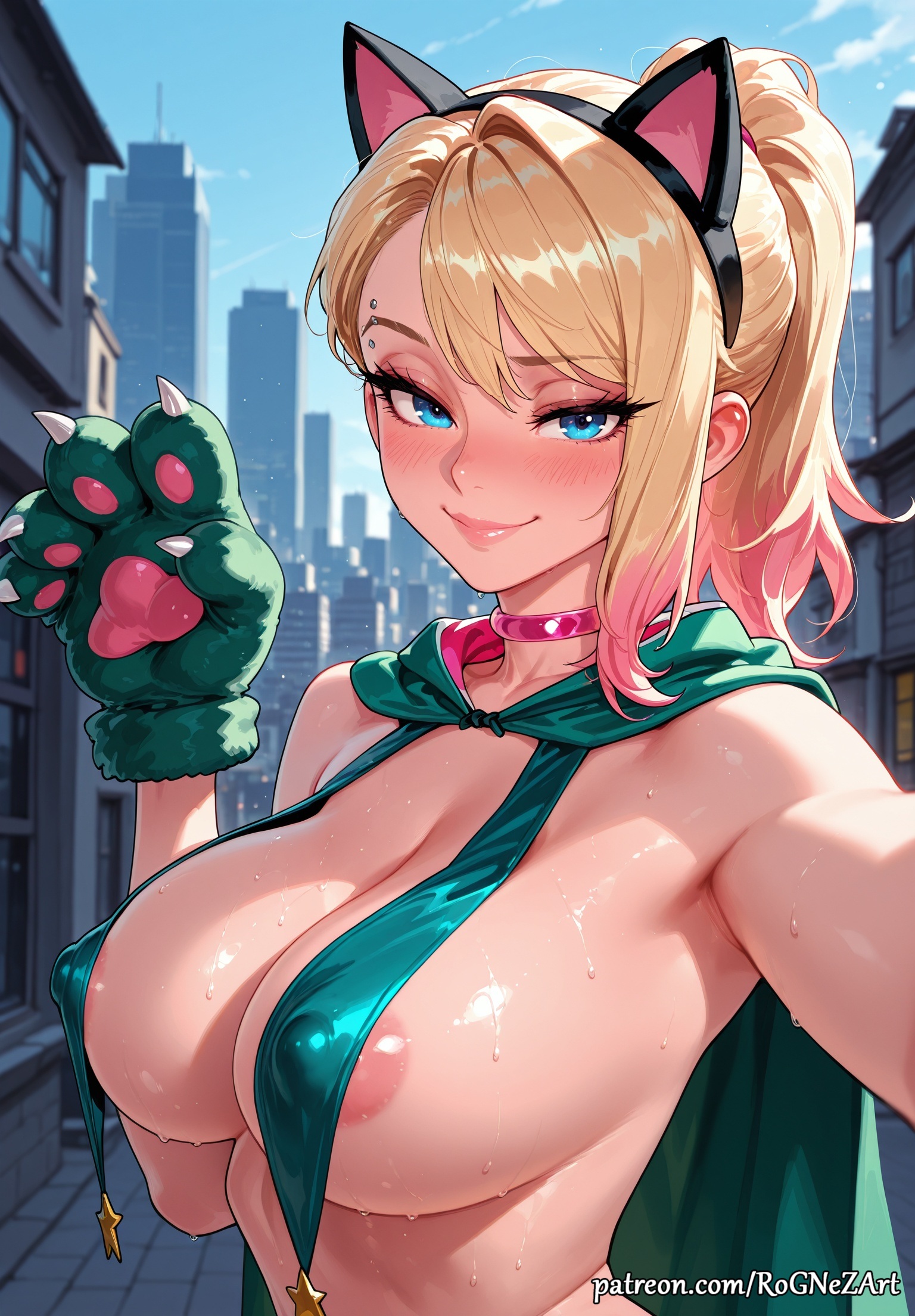 2025, ai generated, animal ears, animal hands, anime, areola slip, bangs, blonde hair, blue eyes, blush, breasts, cape, cat ears, choker, cleavage, closed mouth, covered nipples, crossover, day, eye contact, fake animal ears, female, female focus, female only, flushed, gloves, gradient hair, gwen stacy, gwen stacy (spider-verse), hair accessory, hairband, handwear, highres, huge breasts, large breasts, lips, looking at viewer, marvel, marvel comics, multicolored hair, neutral expression, nsfw, outdoors, patreon, paw gloves, piercing, pink choker, pink hair, ponytail, rognezart, selfie, shiny, sky, slingshot swimsuit, smile, smiling, solo, spider-gwen, spider-man: into the spider-verse, sweat, sweaty, swimsuit, upper body