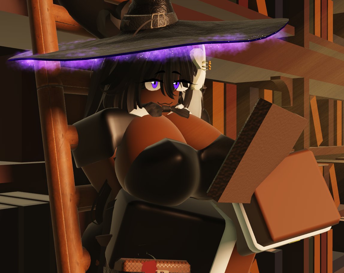 1girls, 3d, 3d (artwork), boobs, book, breasts, clothed, clothing, dark skin, dark-skinned female, female, female focus, female only, holding object, kaitlyn (nitelite), library, nitelite, oc, original character, reading, reading book, roblox, robloxian, tagme, tits, witch, witch hat
