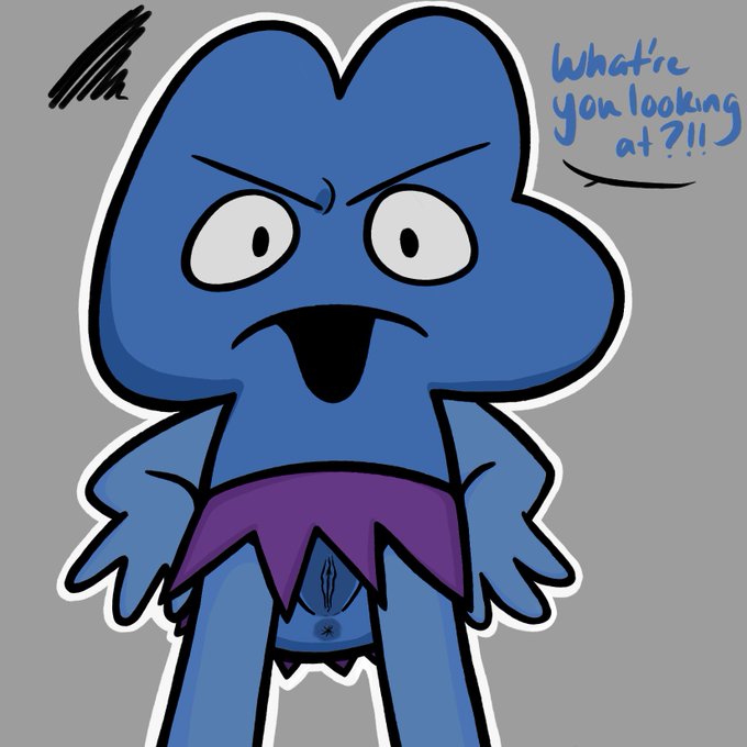 algebralien, annoyed, annoyed expression, anus, anus peek, battle for dream island, bfb, bfdi, bfdia, blue body, dialogue, english, english text, exposed pussy, four (bfb), looking at viewer, looking down, low-angle view, no panties, number, object show, object shows, osc, pussy, skirt, speech bubble, text, tpot, vadahlivokroz, visible pussy