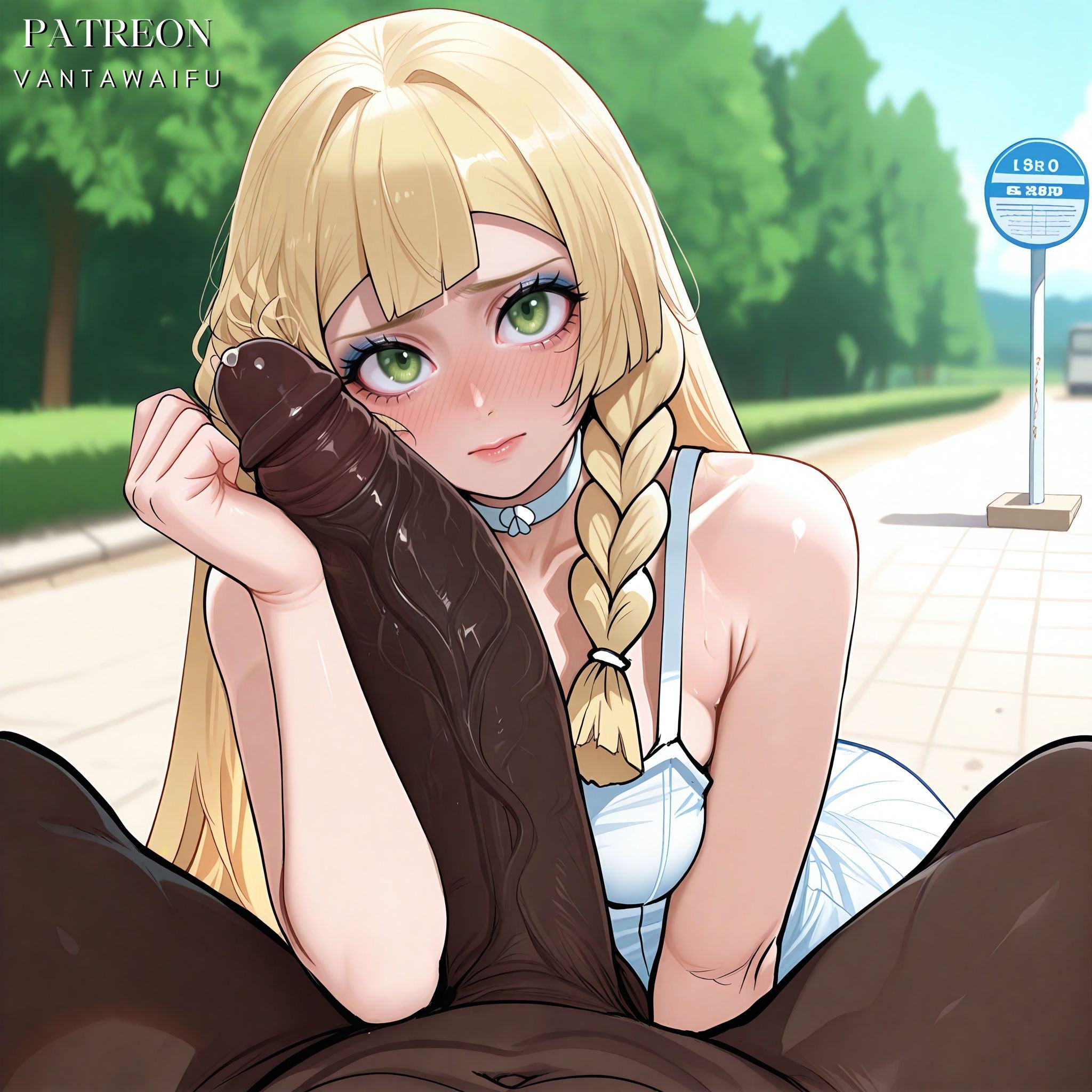 1boy, ai generated, artist name, bangs, bare shoulders, blonde hair, blue sky, blunt bangs, blurry background, blush, braid, breasts, bus stop, choker, closed mouth, clothed female nude male, clothing, collarbone, completely nude, dark penis, dark skin, dark-skinned male, day, dress, erection, eyelashes, female, green eyes, huge cock, interracial, large penis, lillie (pokemon), lips, long hair, looking at penis, looking at viewer, makeup, male, medium breasts, netorare, ntr, nude, outdoors, patreon username, penis, penis on face, pokemon, pov crotch, precum, precum drip, sky, sleeveless, sleeveless dress, solo focus, straight, sundress, tree, twin braids, vantawaifu, veins, veiny penis, very dark skin, white choker, white dress